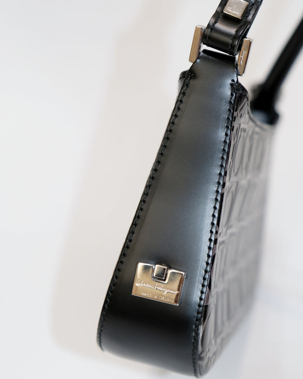 Ferragamo Gancini Black Leather Baguette