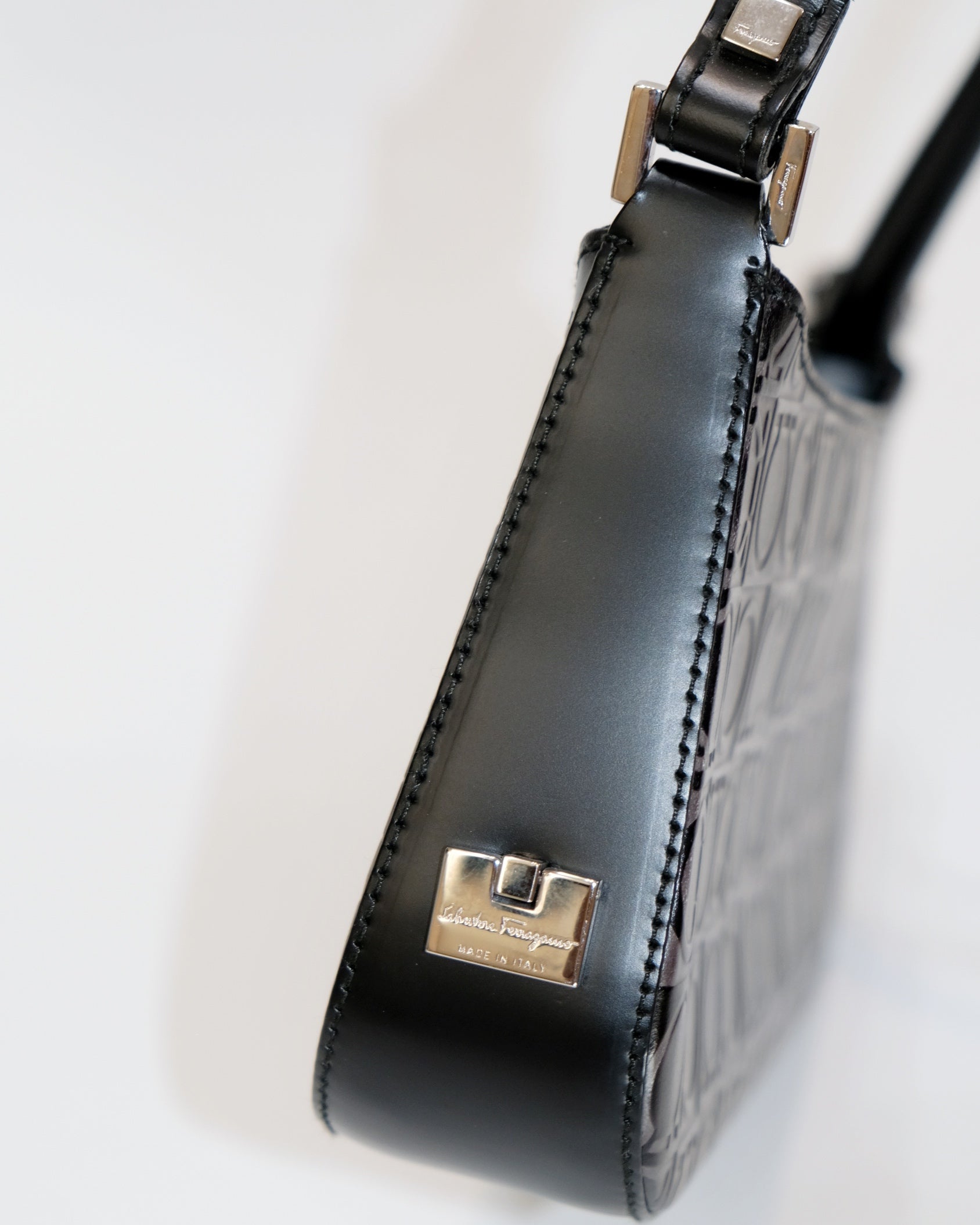 Ferragamo Gancini Black Leather Baguette