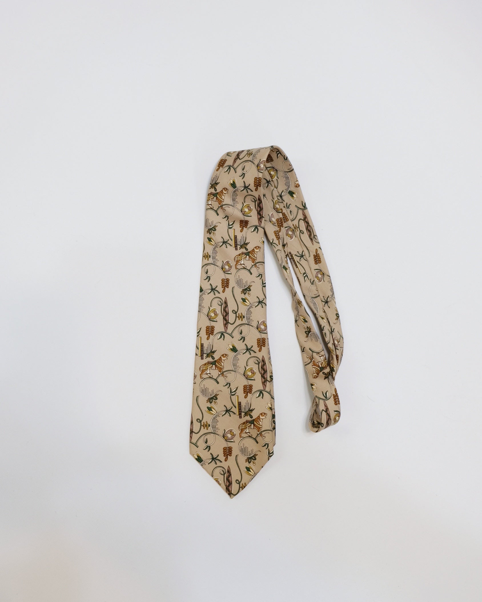 Ferragamo Vintage Beige Silk Tie with Tiger Print