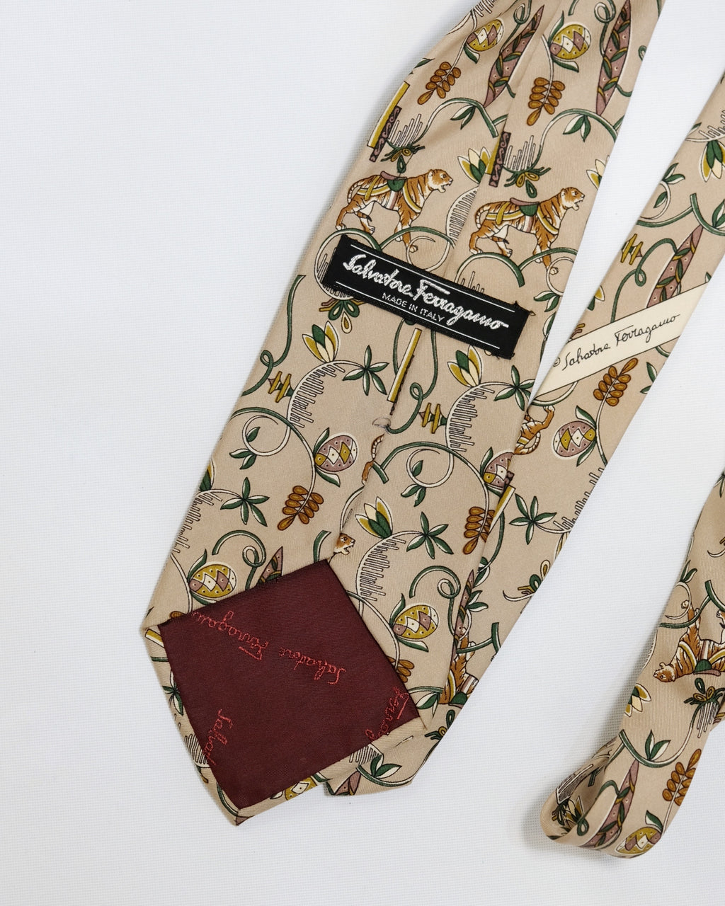 Ferragamo Vintage Beige Silk Tie with Tiger Print