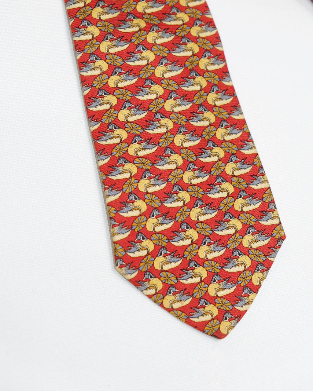 Ferragamo Vintage Red Silk Tie with Duck Print