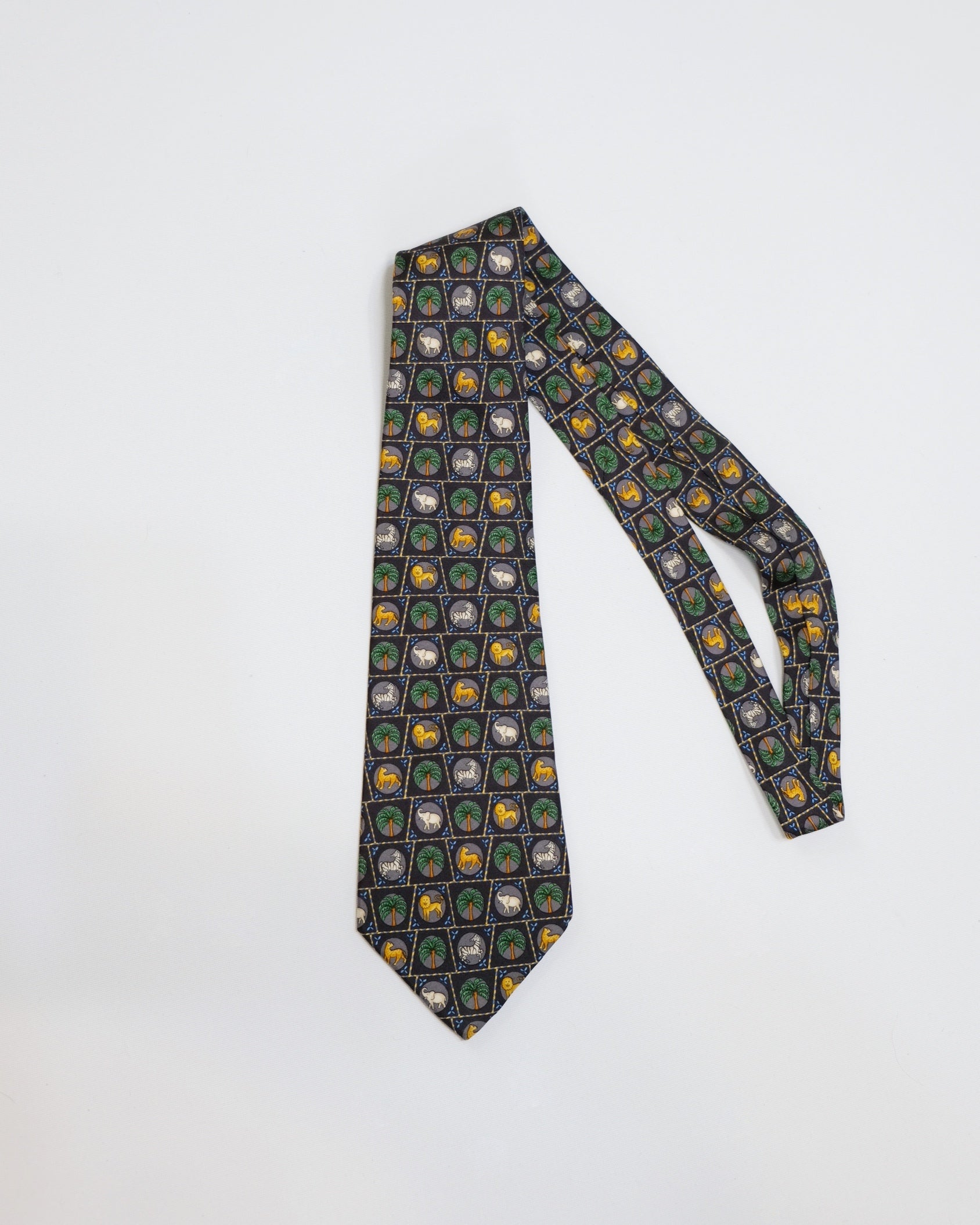Ferragamo Vintage Navy Silk Tie with Animals Print