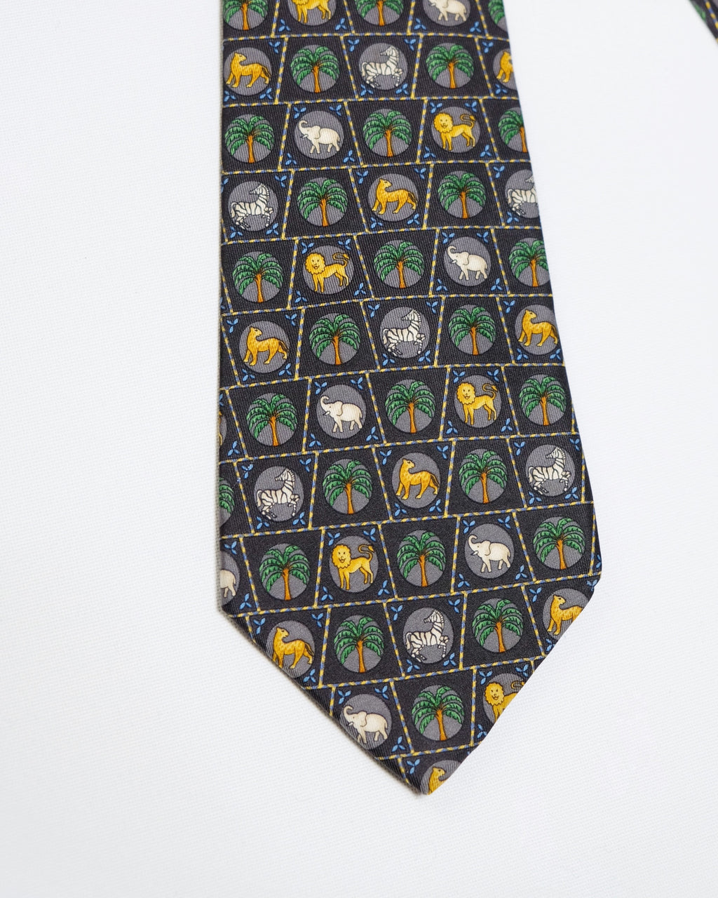 Ferragamo Vintage Navy Silk Tie with Animals Print