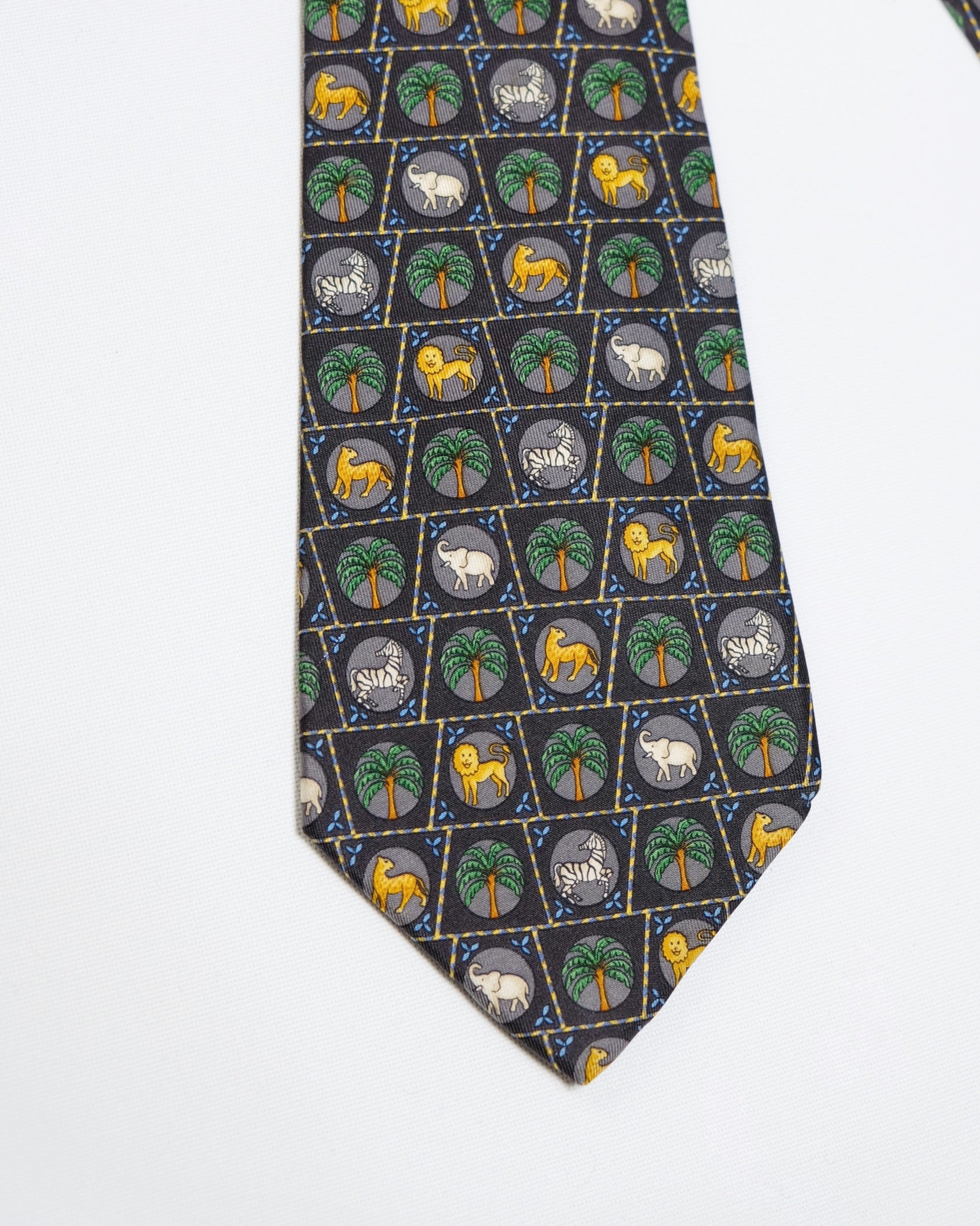 Ferragamo Vintage Navy Silk Tie with Animals Print
