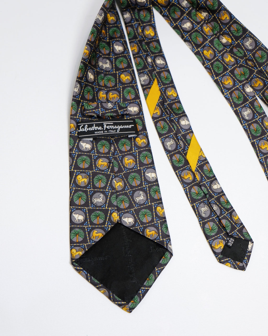 Ferragamo Vintage Navy Silk Tie with Animals Print