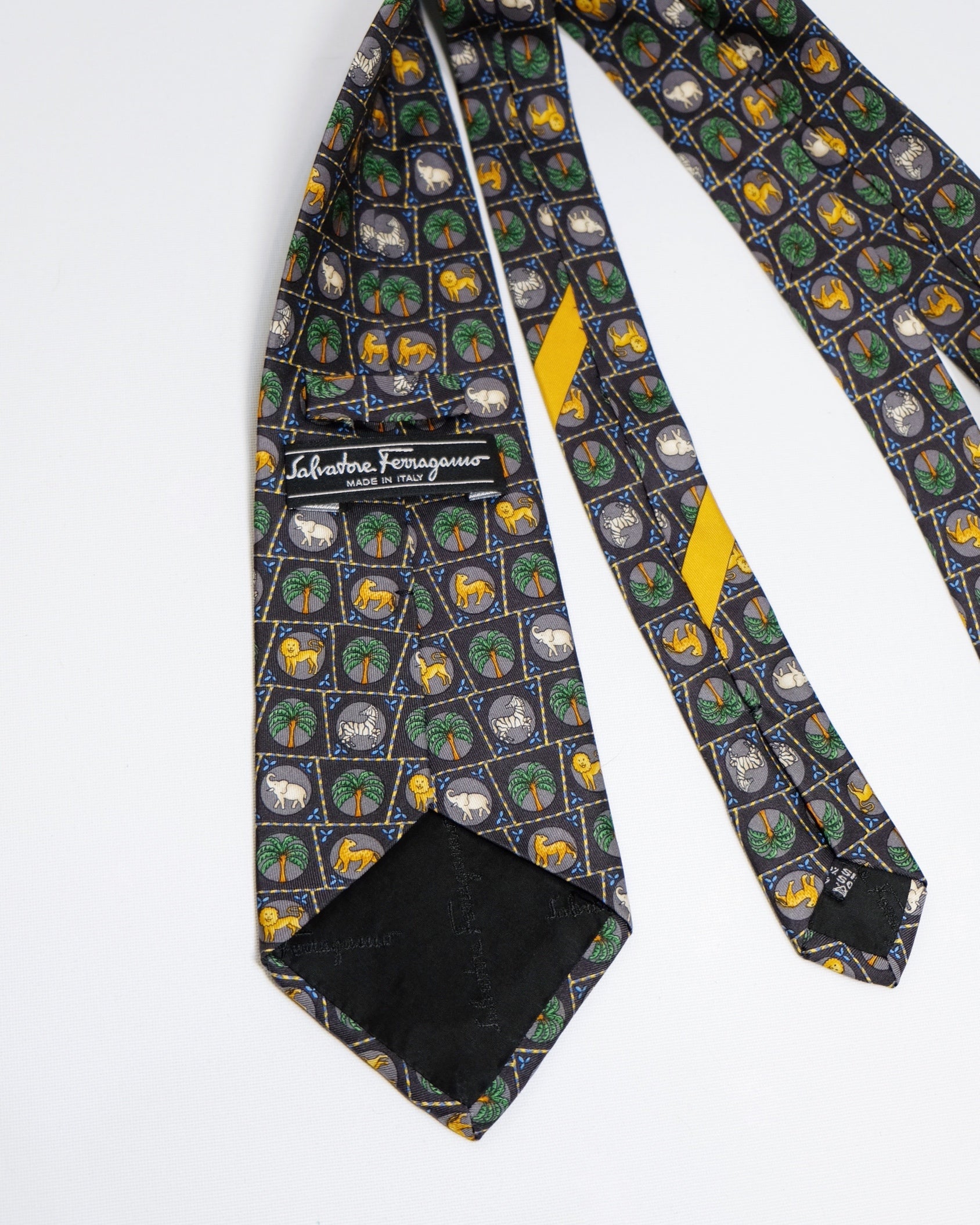Ferragamo Vintage Navy Silk Tie with Animals Print