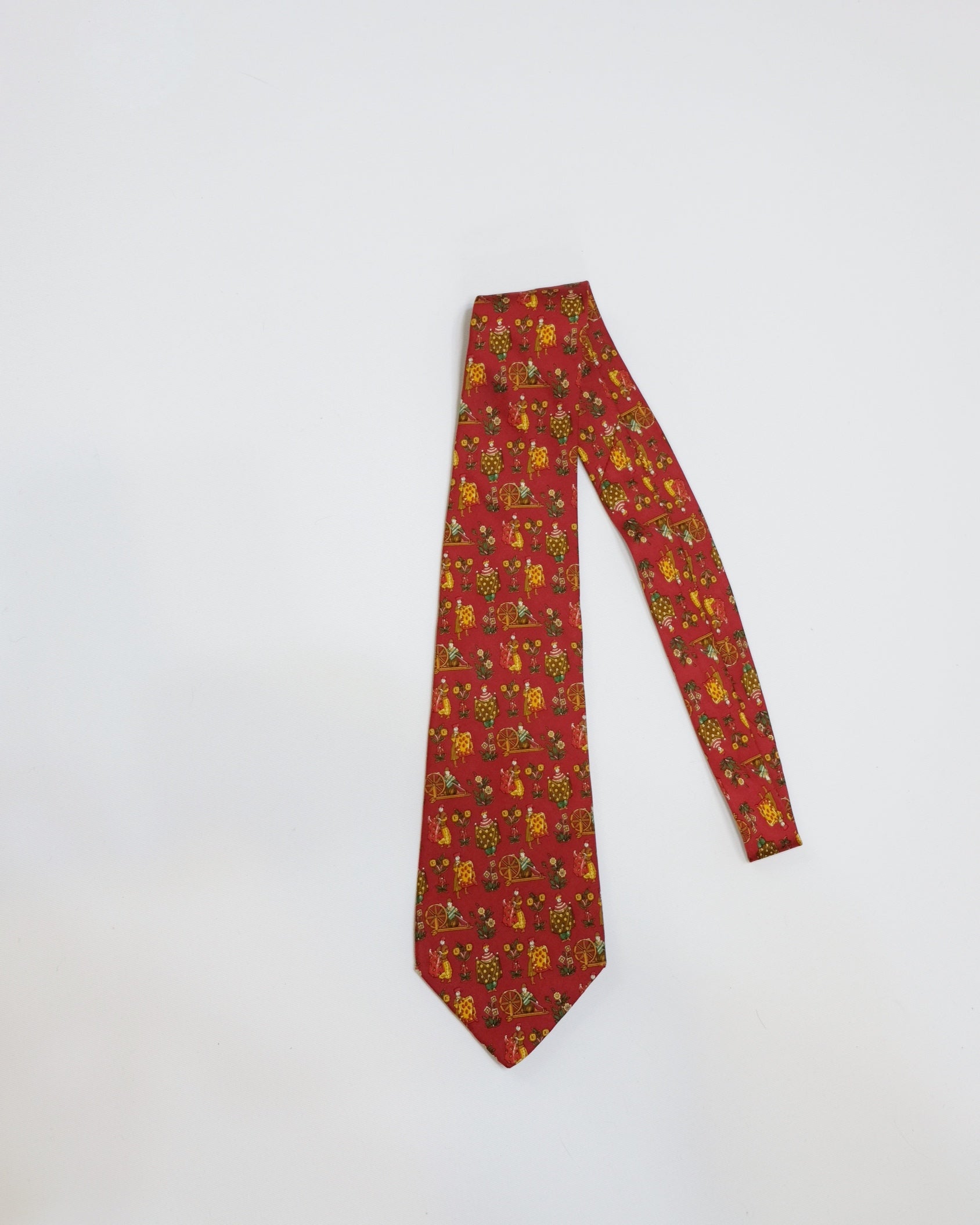 Ferragamo Vintage Red Silk Tie with Folk Art Print