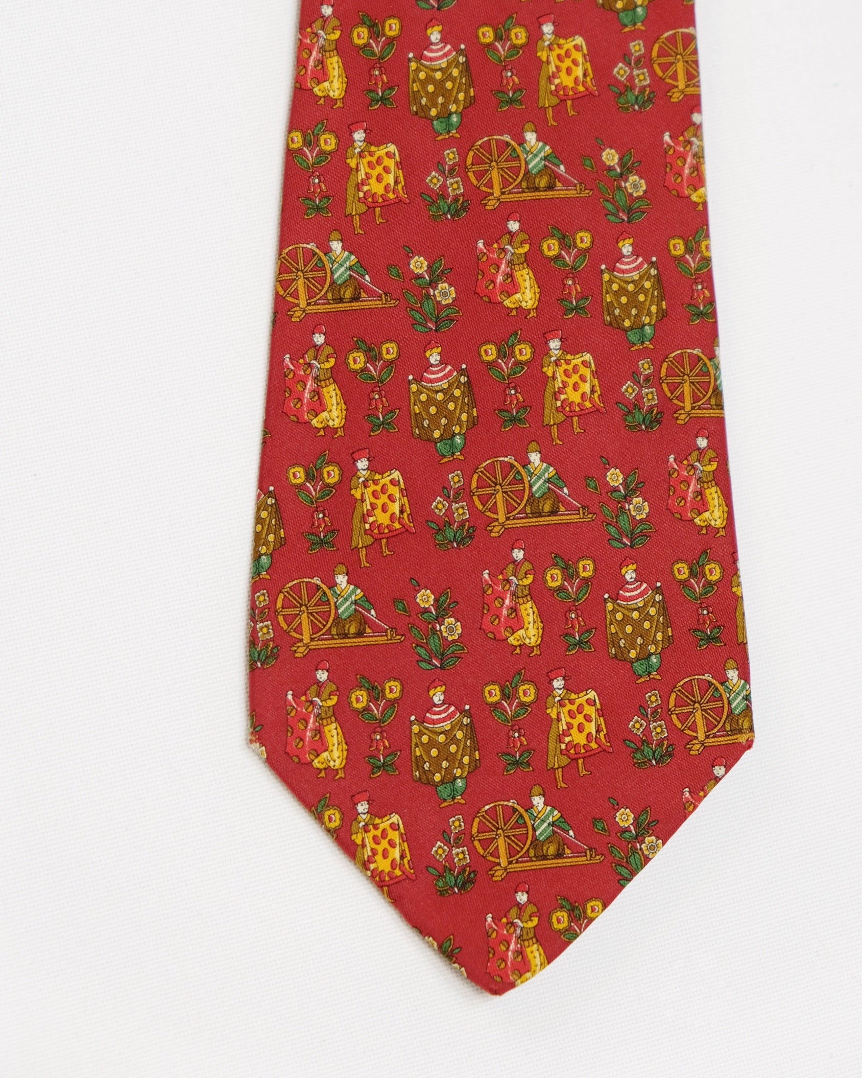 Ferragamo Vintage Red Silk Tie with Folk Art Print