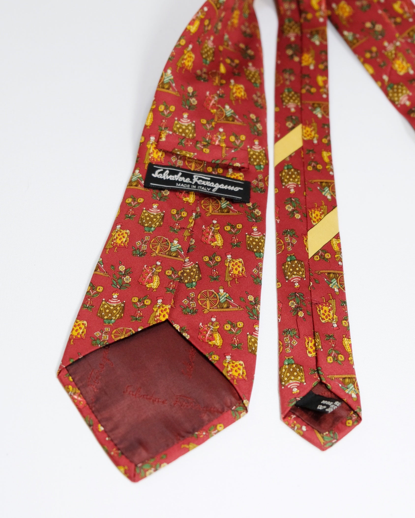 Ferragamo Vintage Red Silk Tie with Folk Art Print