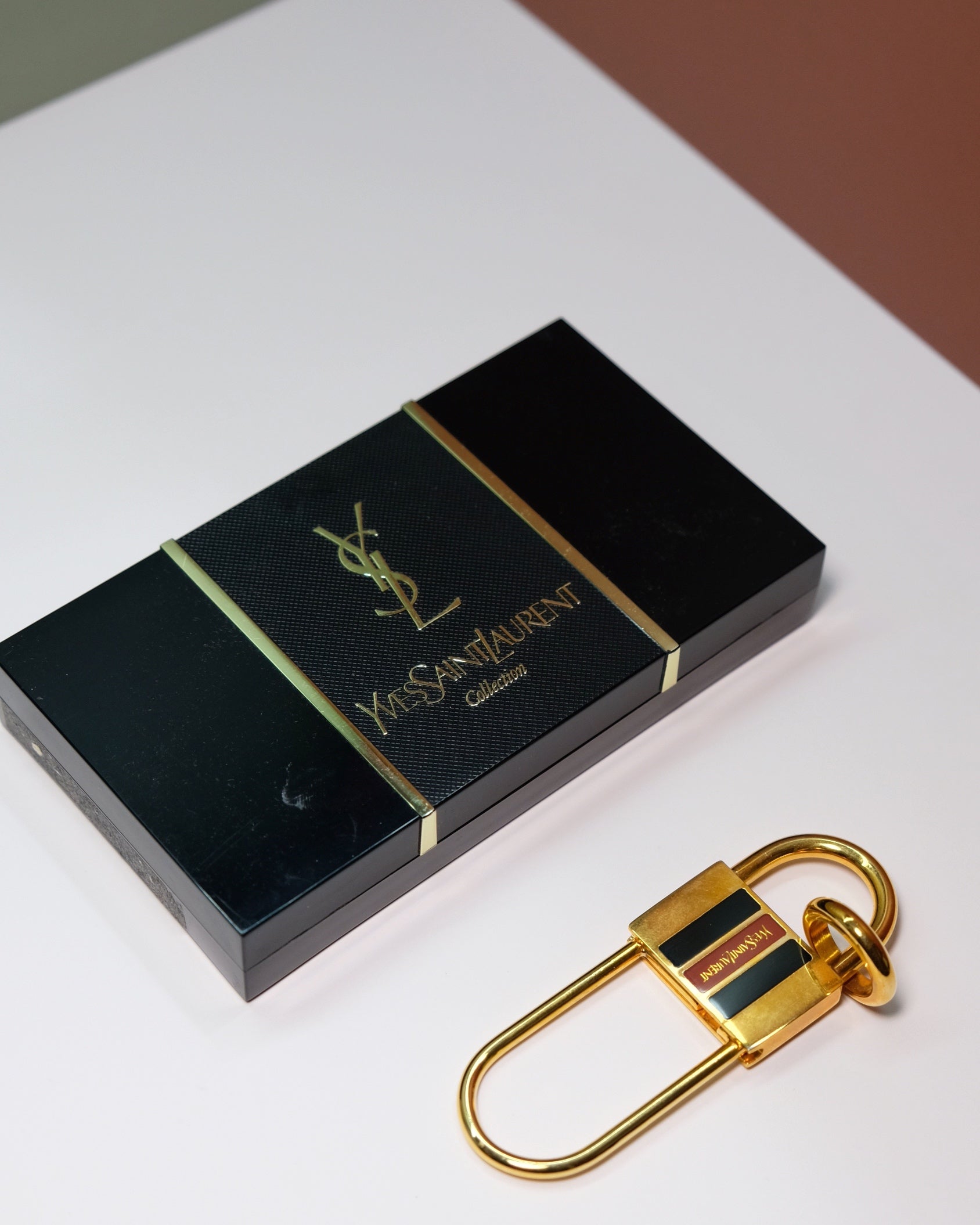 YSL Vintage Gold-Tone Padlock Key Holder with Original Box