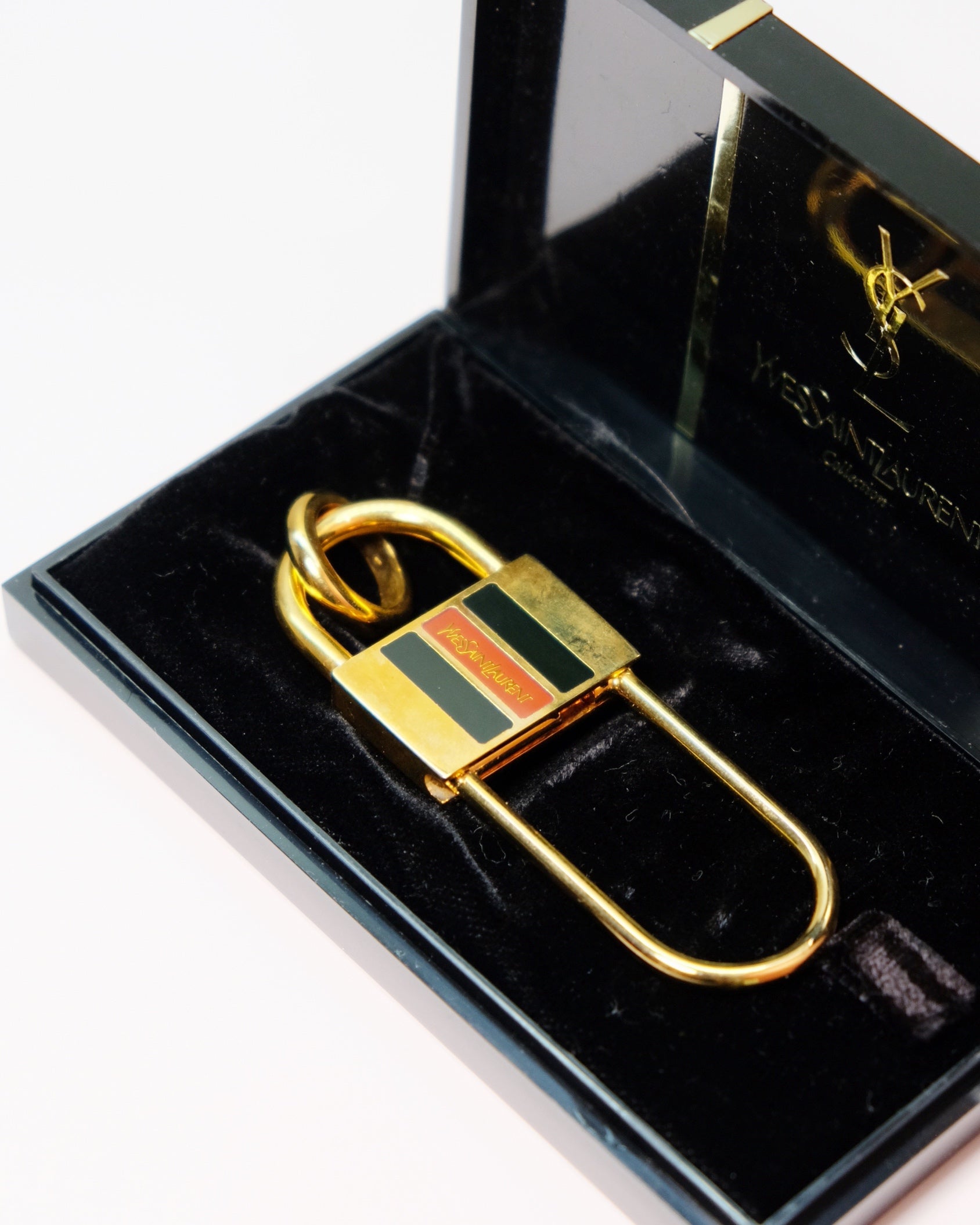 YSL Vintage Gold-Tone Padlock Key Holder with Original Box