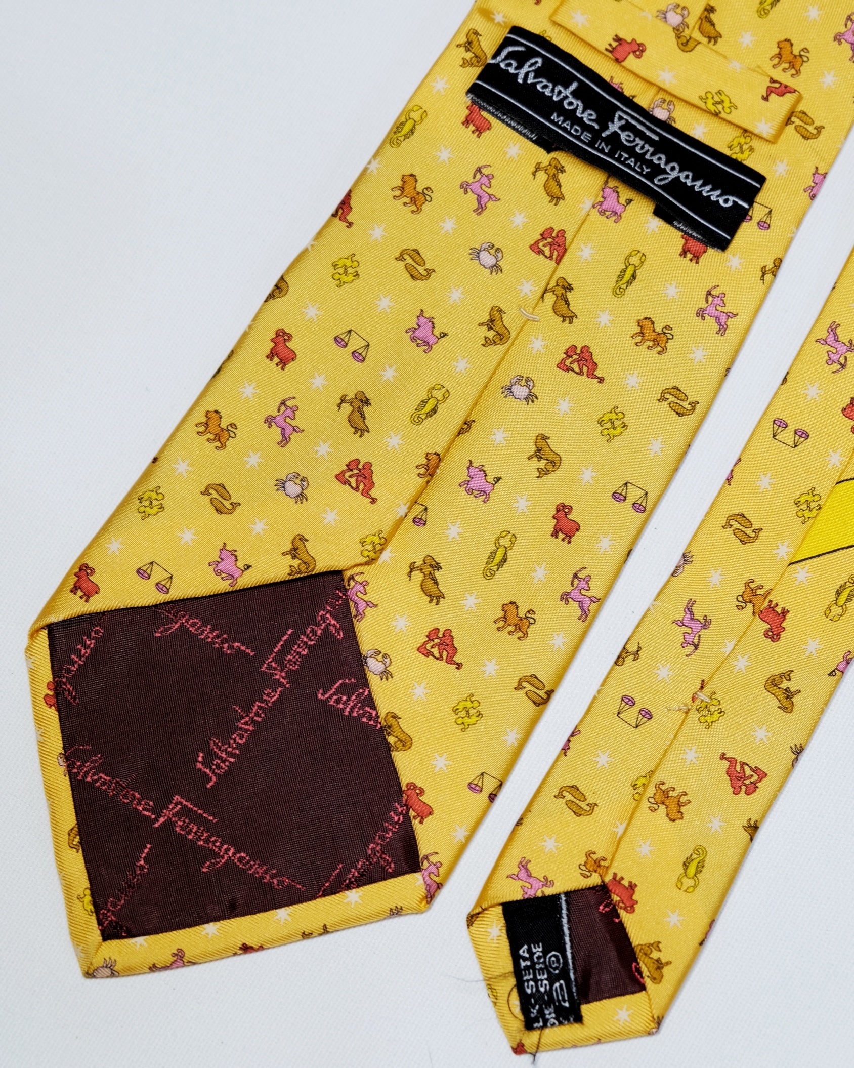 Ferragamo Vintage Yellow Zodiac Print Silk Tie