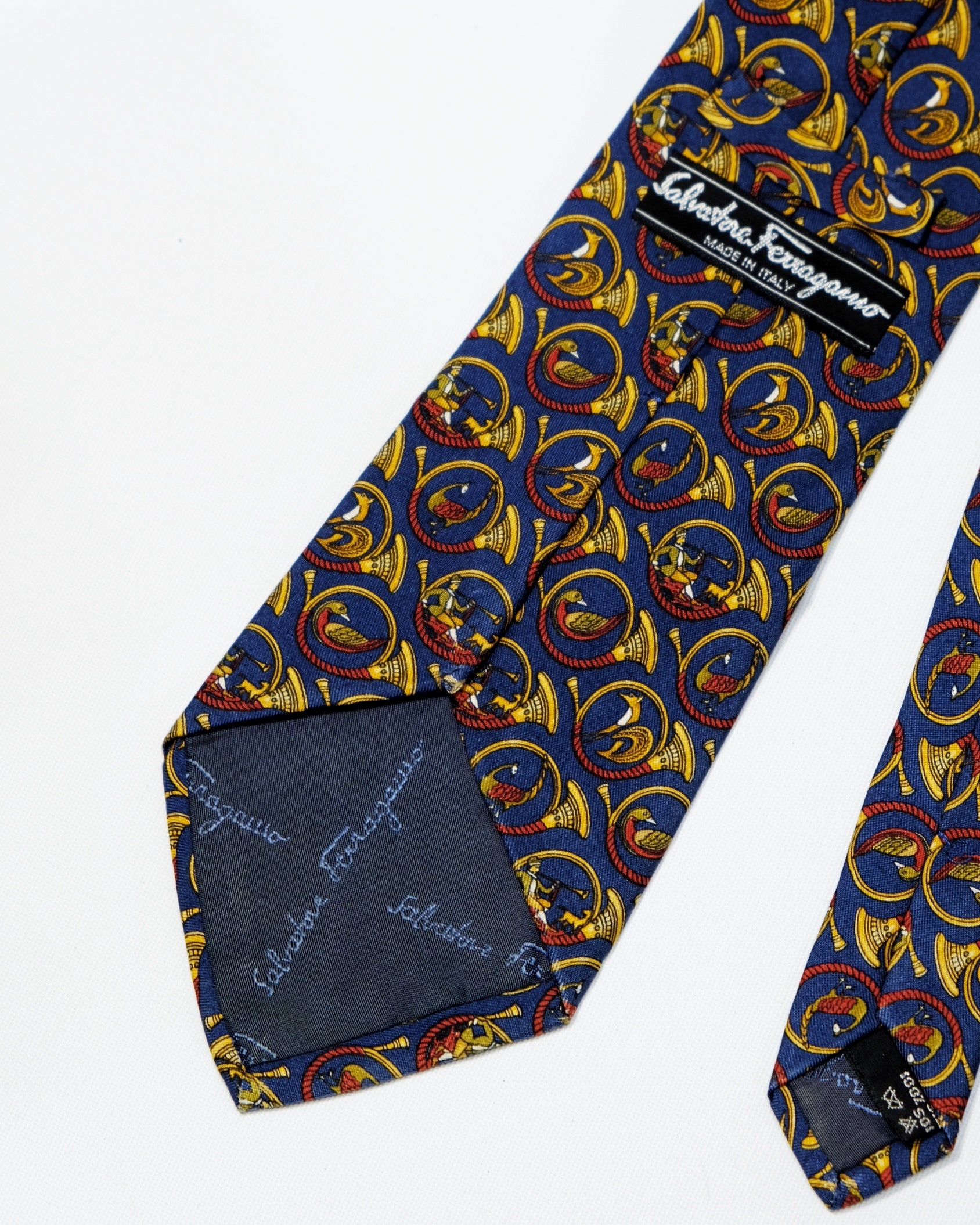 Ferragamo Vintage Navy Royal Horn Print Silk Tie