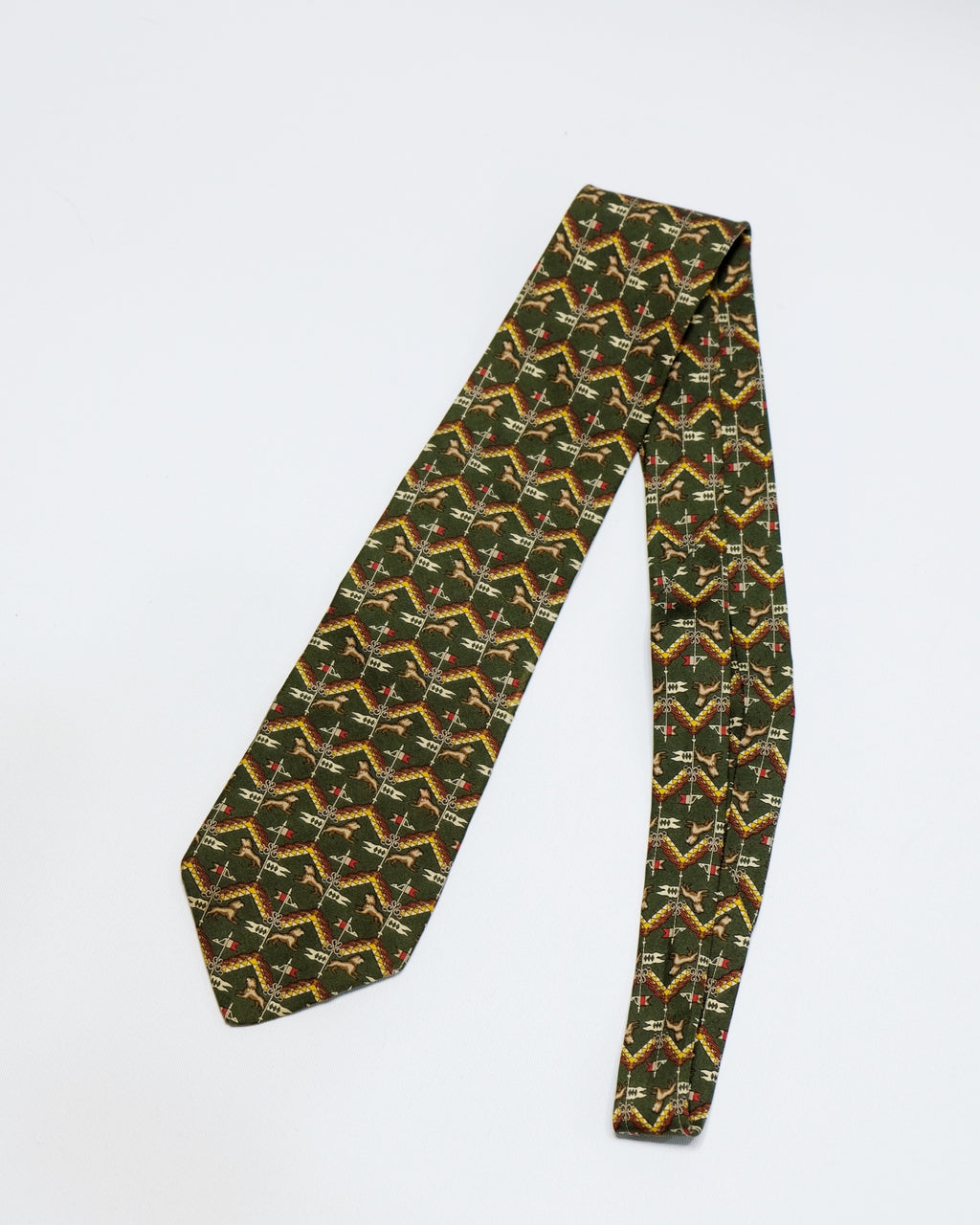 Ferragamo Vintage Olive Green Geometric Chevron Lion Silk Tie