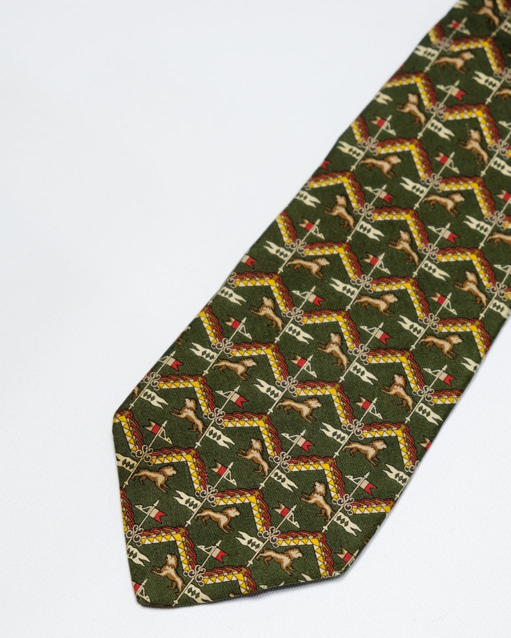 Ferragamo Vintage Olive Green Geometric Chevron Lion Silk Tie