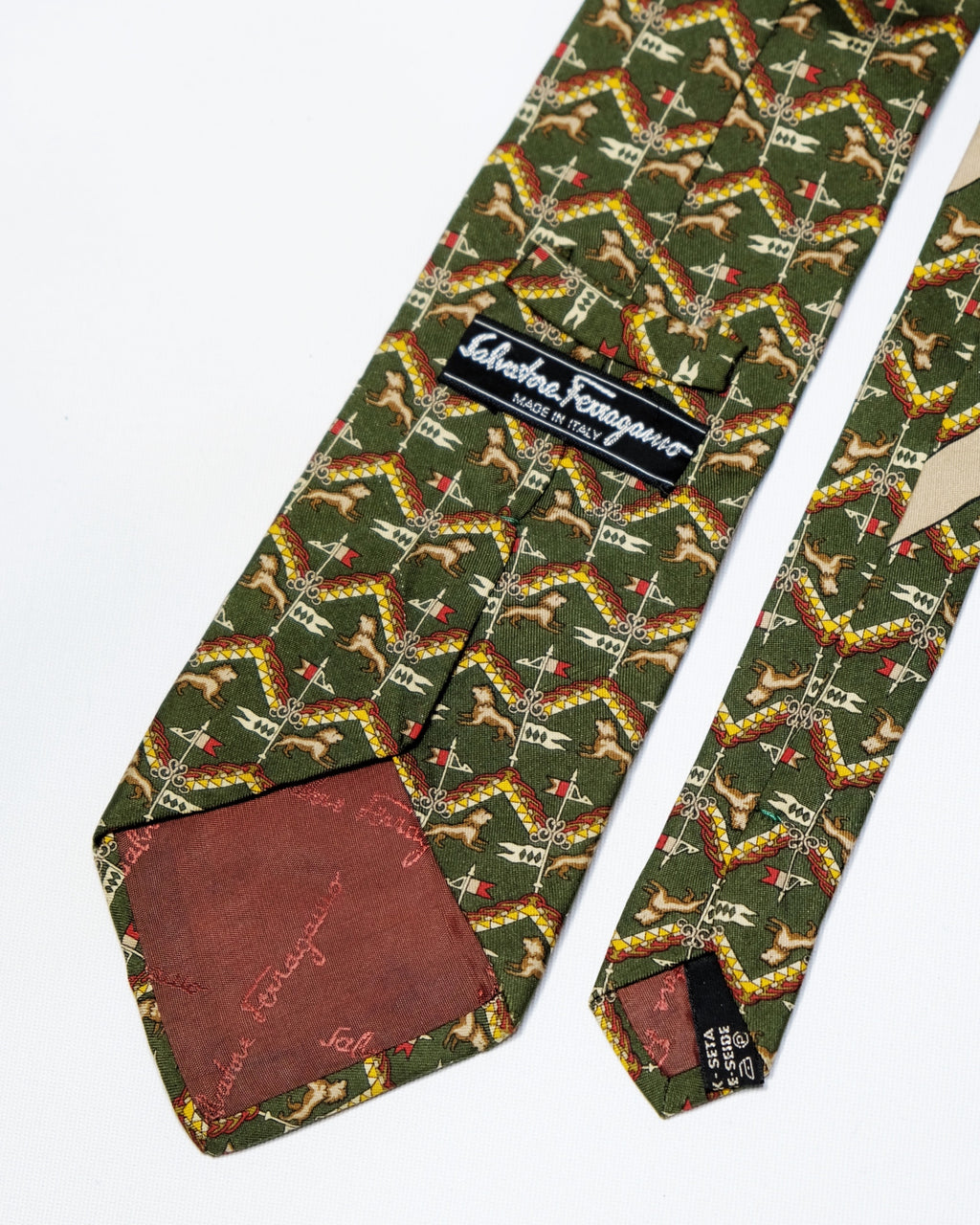Ferragamo Vintage Olive Green Geometric Chevron Lion Silk Tie