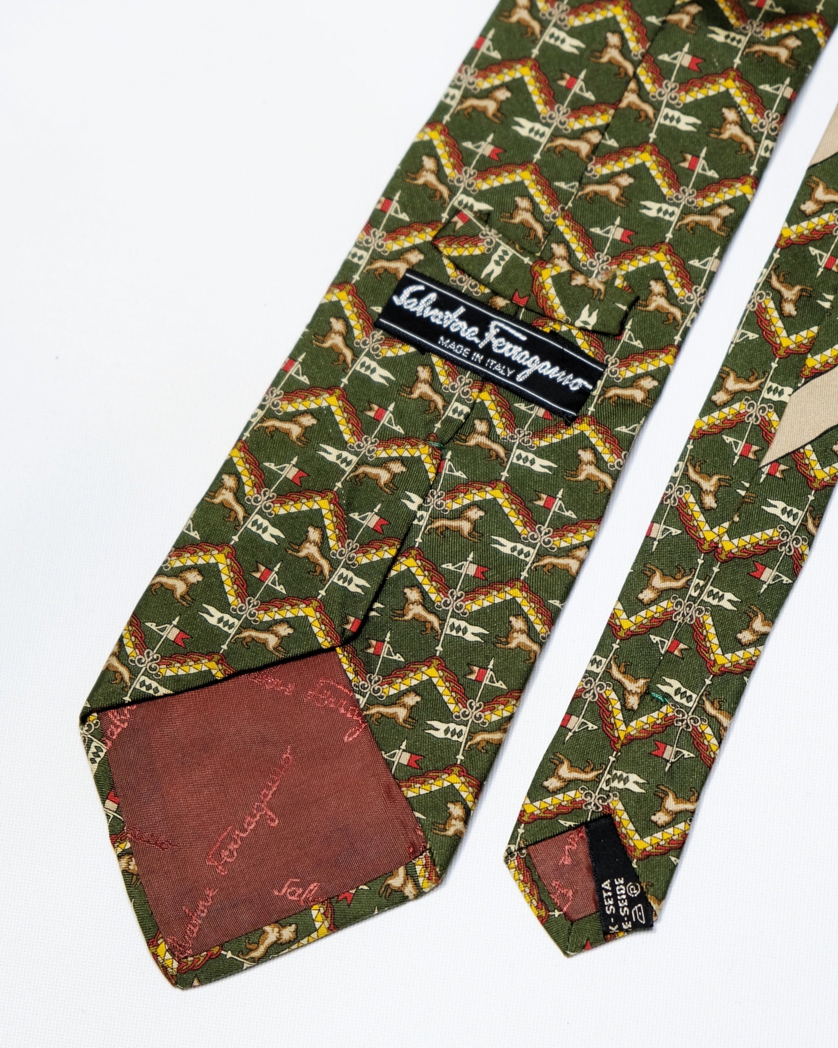 Ferragamo Vintage Olive Green Geometric Chevron Lion Silk Tie