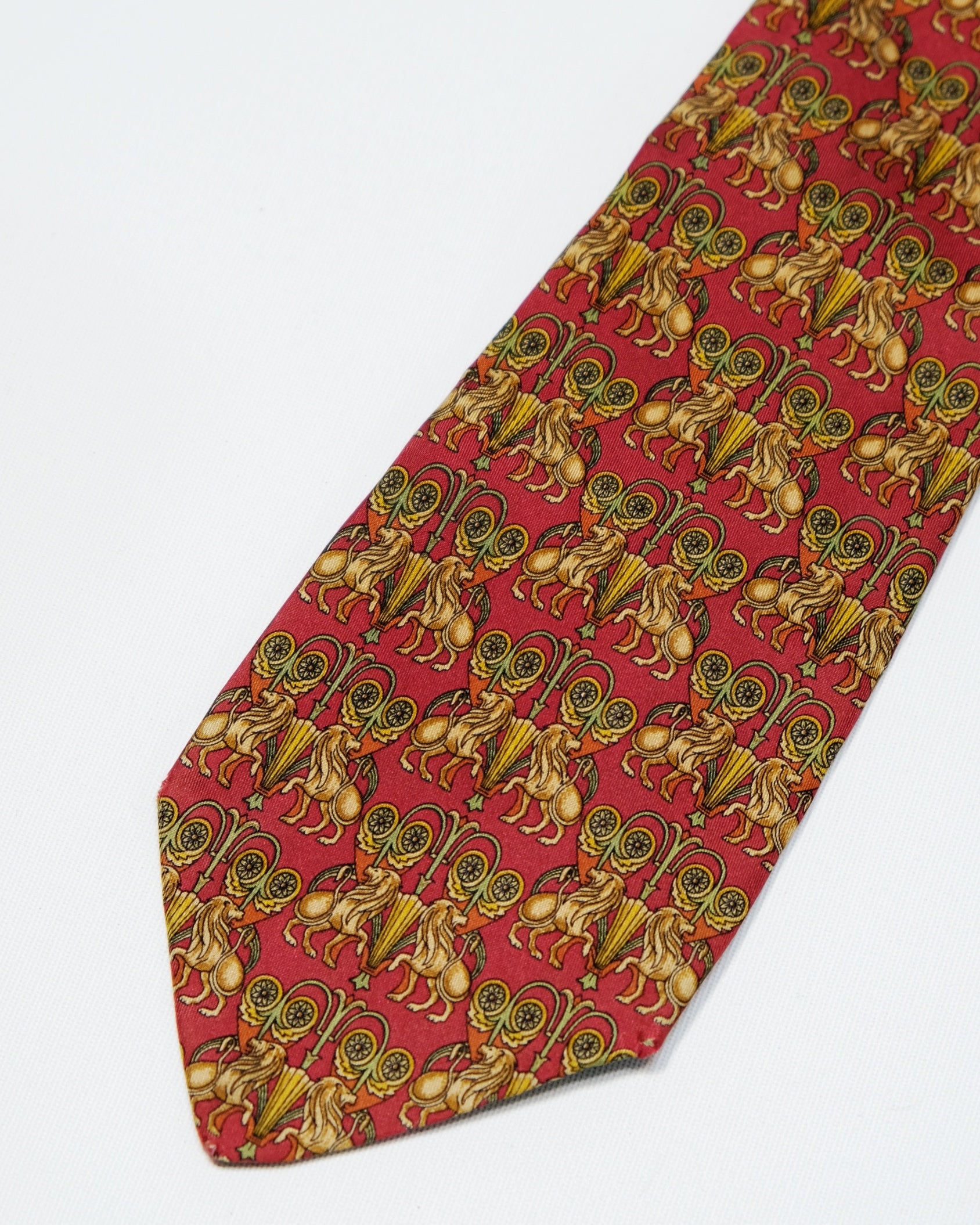 Ferragamo Vintage Red Imperial Lion Print Silk Tie