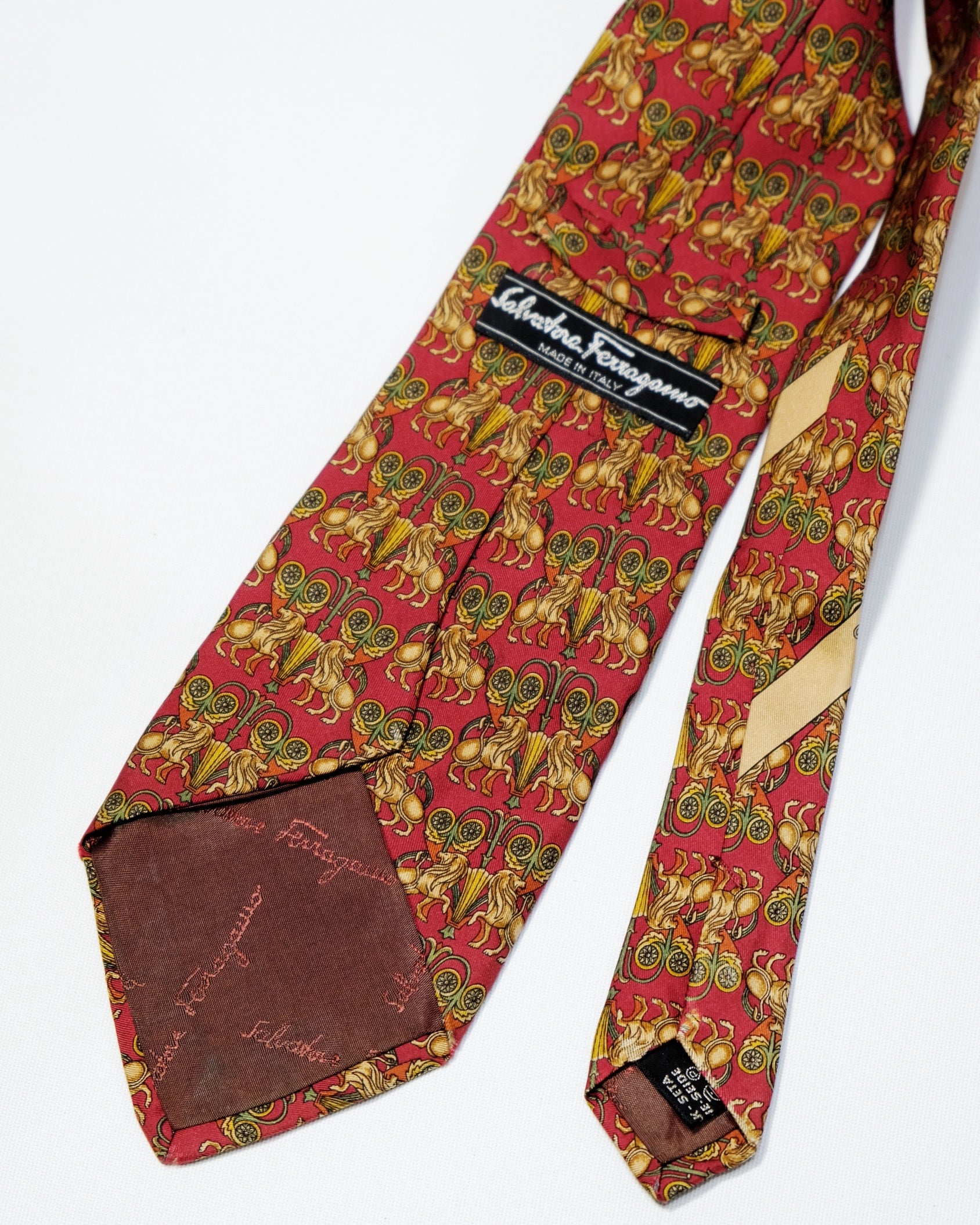 Ferragamo Vintage Red Imperial Lion Print Silk Tie