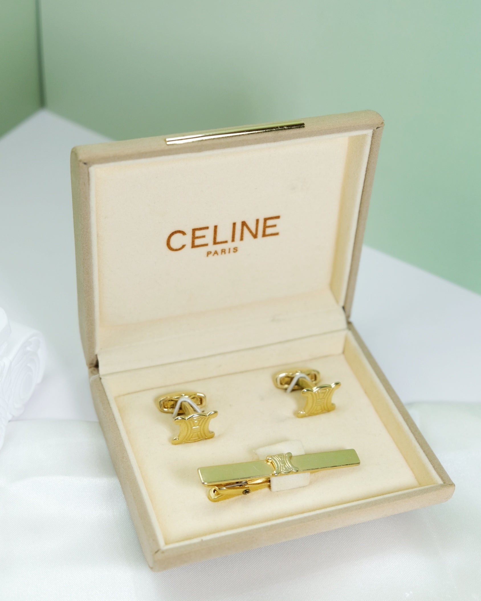 Celine Vintage Triomphe Cufflinks & Tie Clip Set Gold Tone