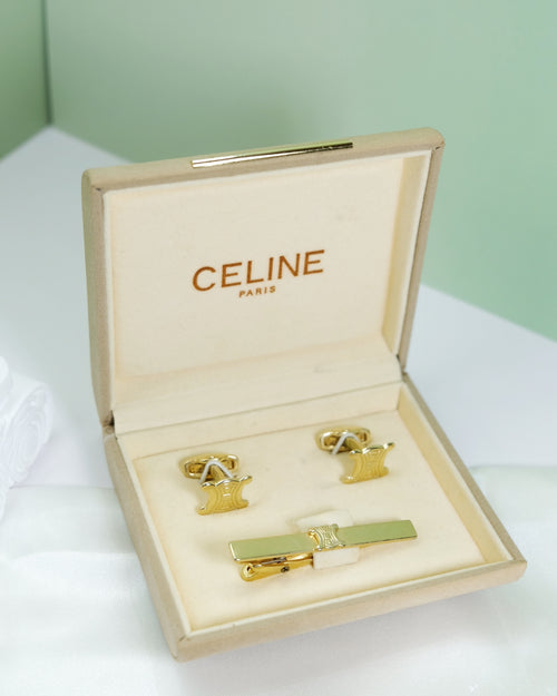 Celine Vintage Triomphe Cufflinks & Tie Clip Set Gold Tone