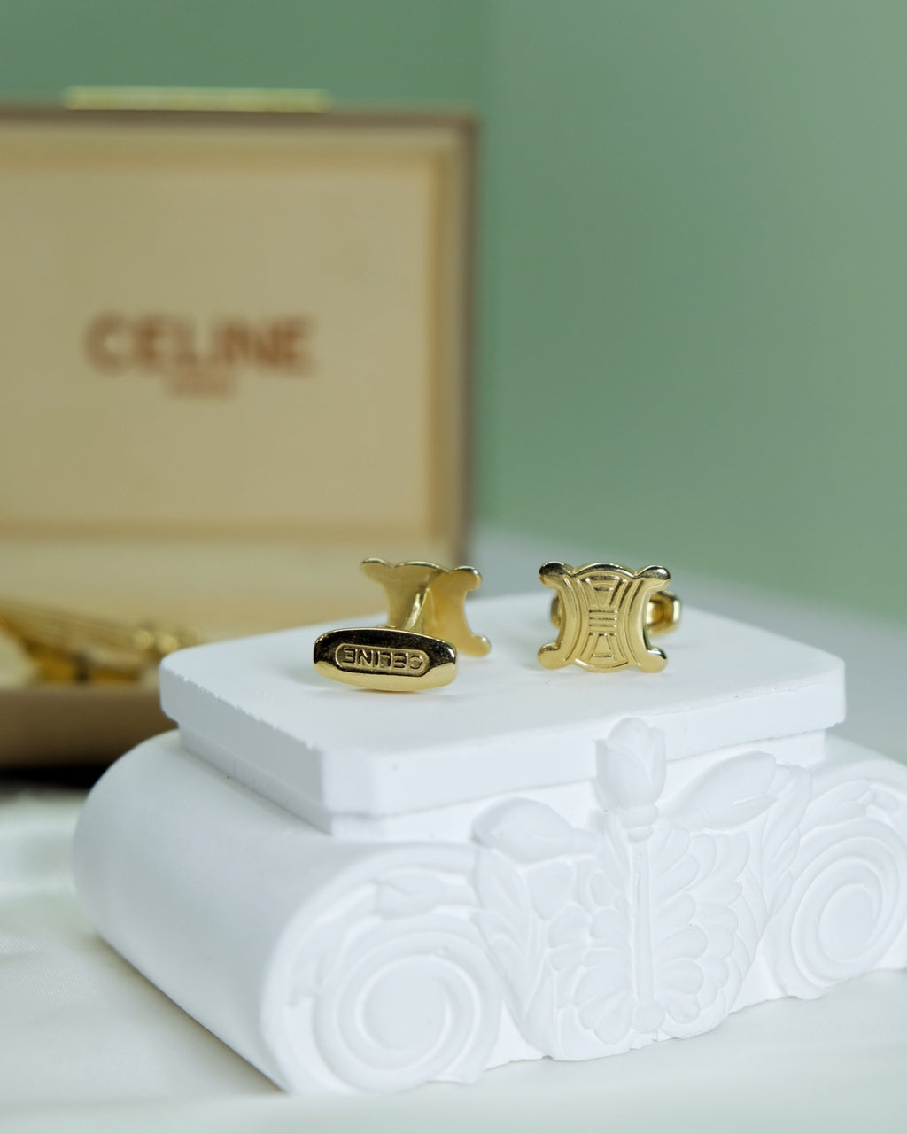 Celine Vintage Triomphe Cufflinks & Tie Clip Set Gold Tone