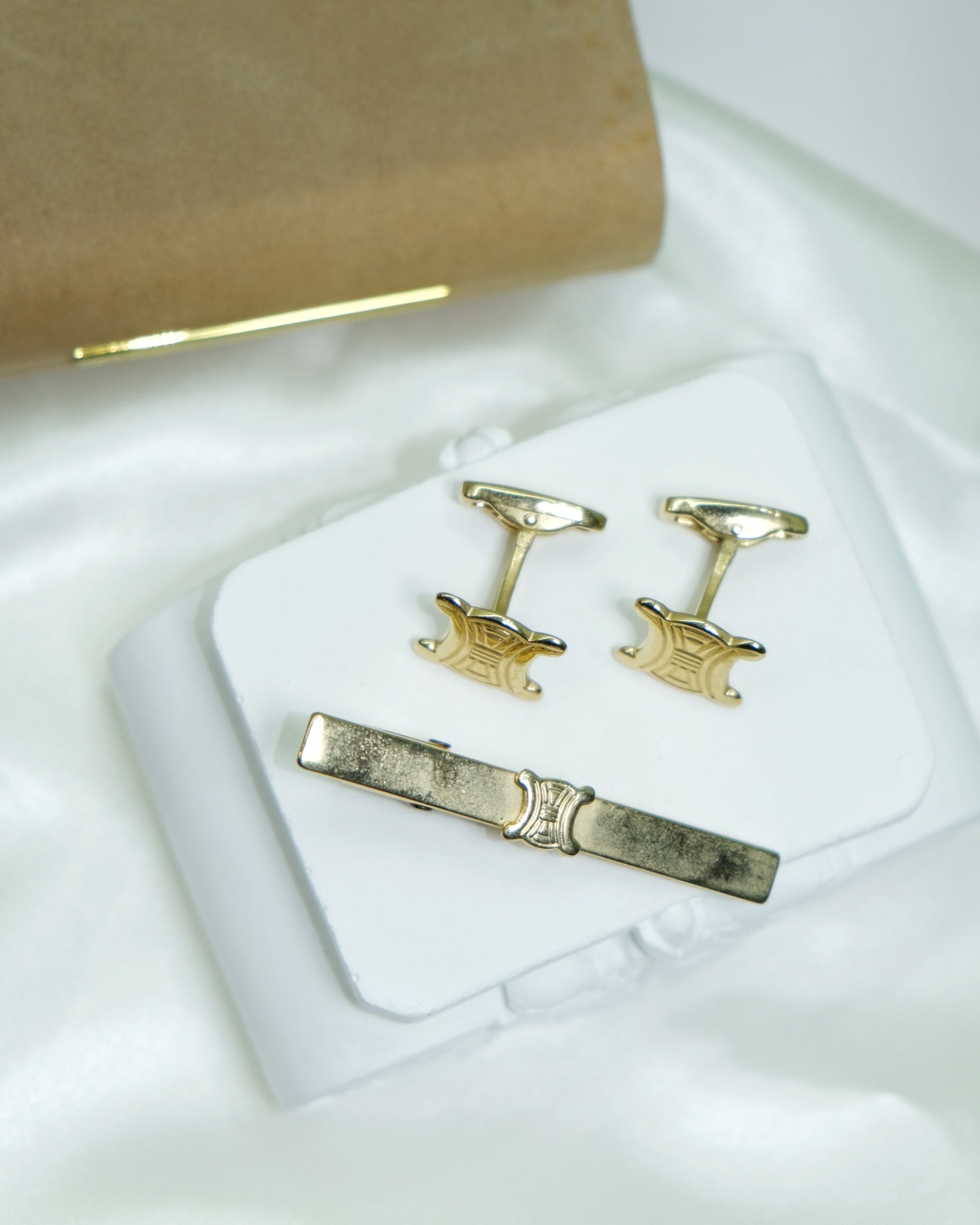 Celine Vintage Triomphe Cufflinks & Tie Clip Set Gold Tone