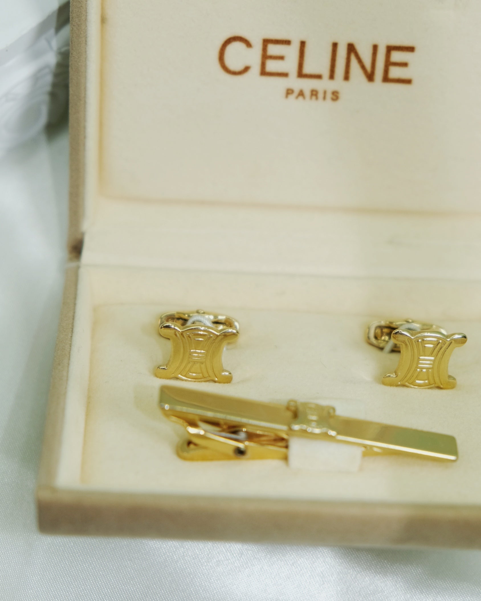 Celine Vintage Triomphe Cufflinks & Tie Clip Set Gold Tone