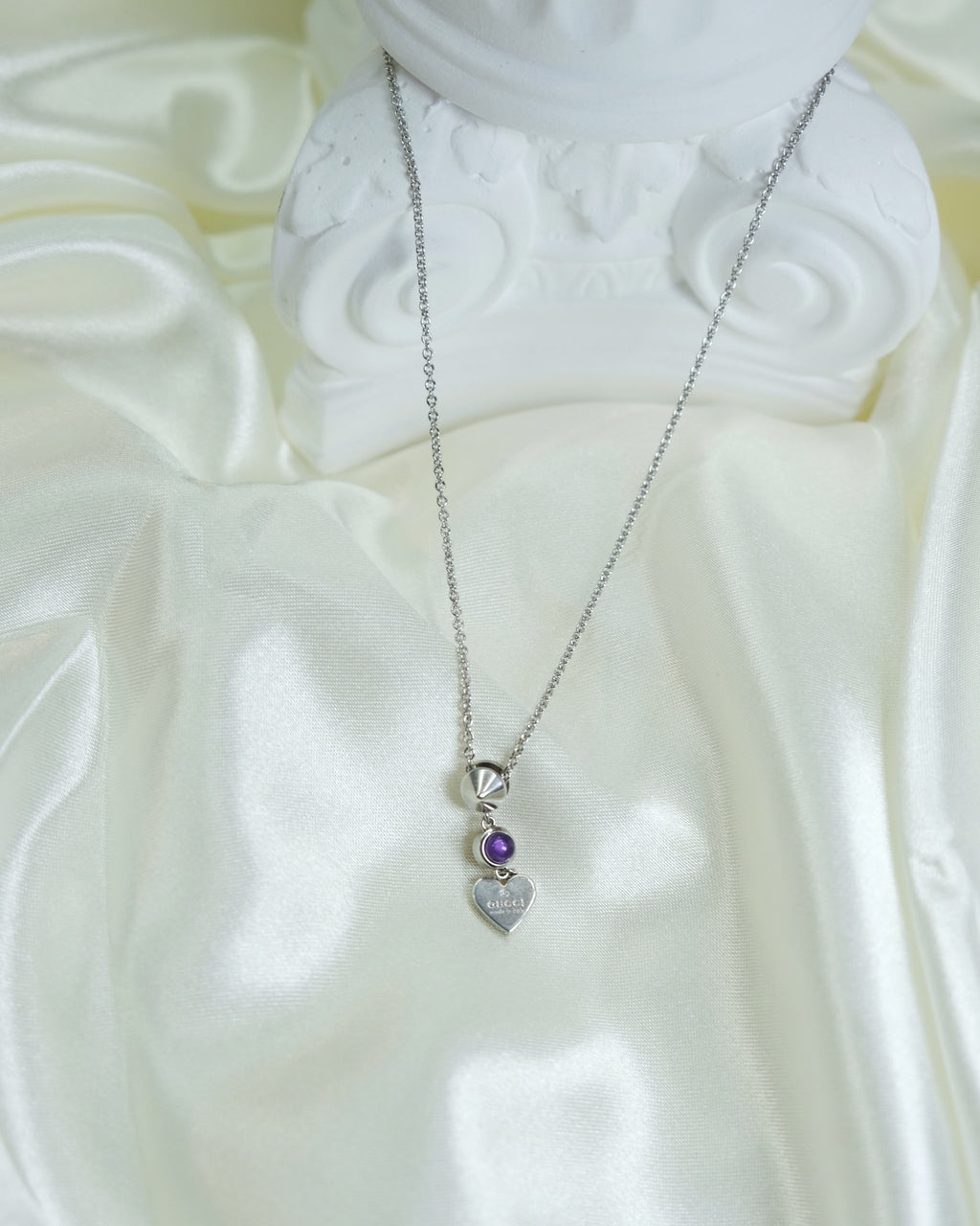 Gucci Vintage Heart & Purple Gemstone Charm Necklace in Silver 925