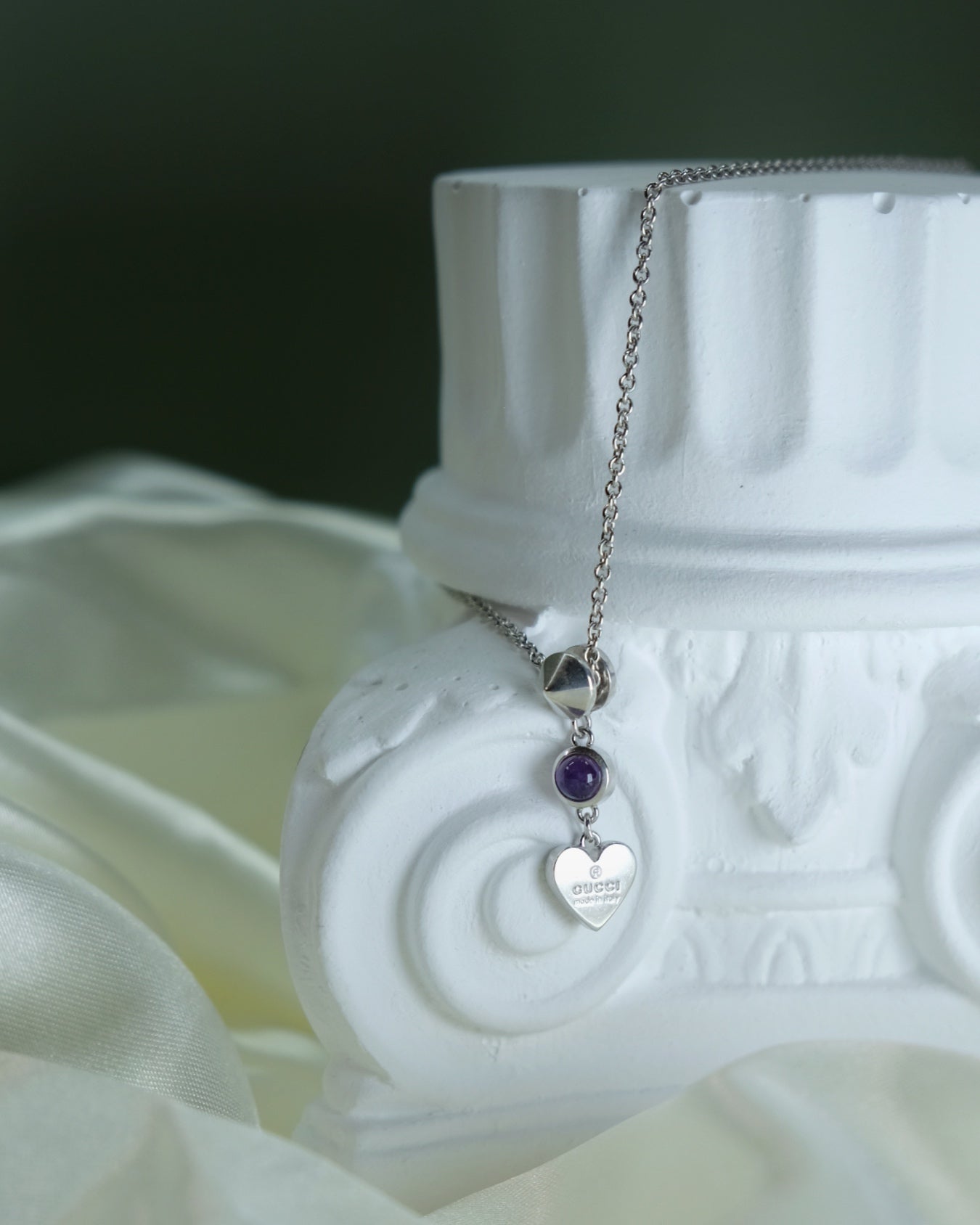 Gucci Vintage Heart & Purple Gemstone Charm Necklace in Silver 925
