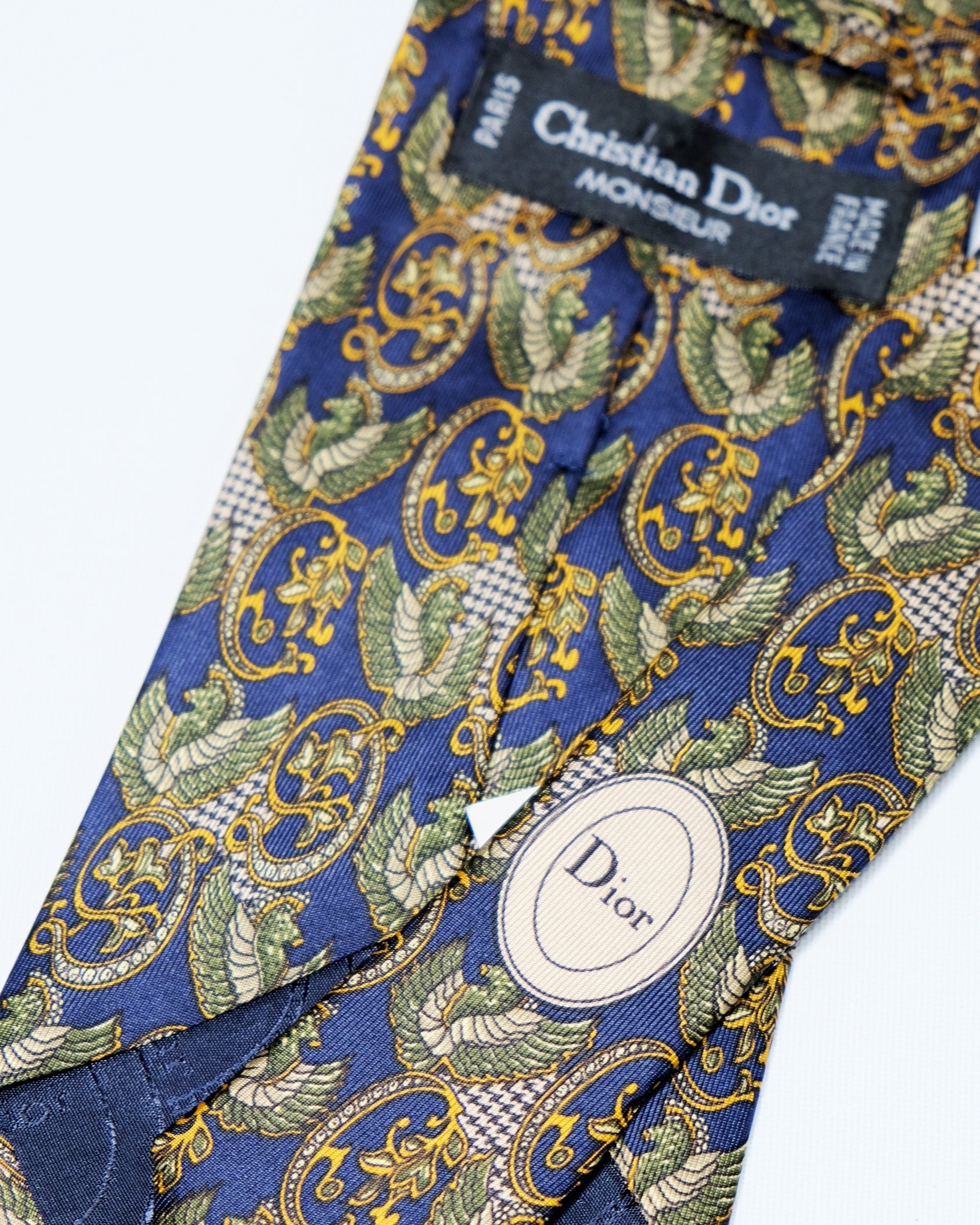 Dior Heraldic Medallion Motif Silk Tie in Navy & Olive