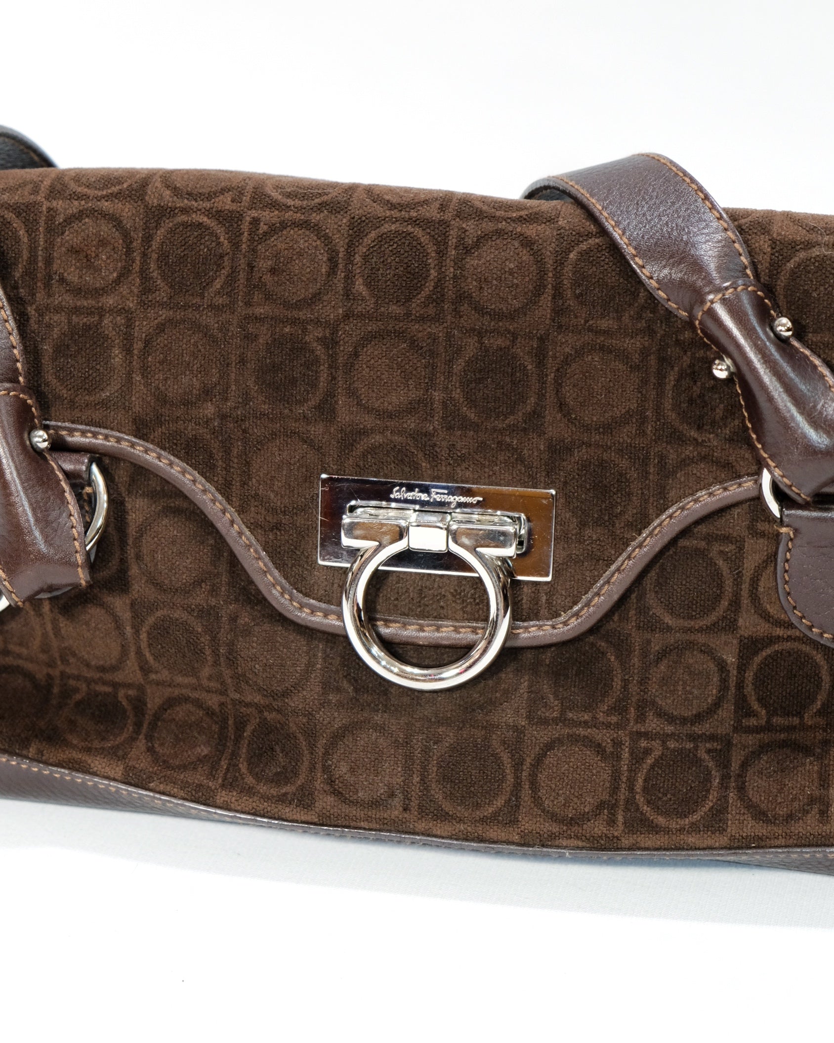Ferragamo Gancini Brown Suede Shoulder Bag