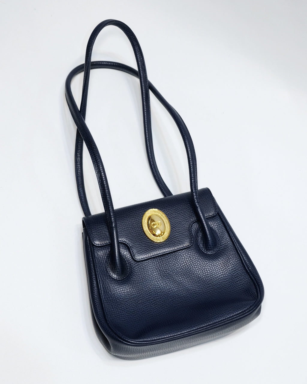 RARE Dior Navy Grained Leather Long Strap Shoulder Bag with Oval CD Emblem