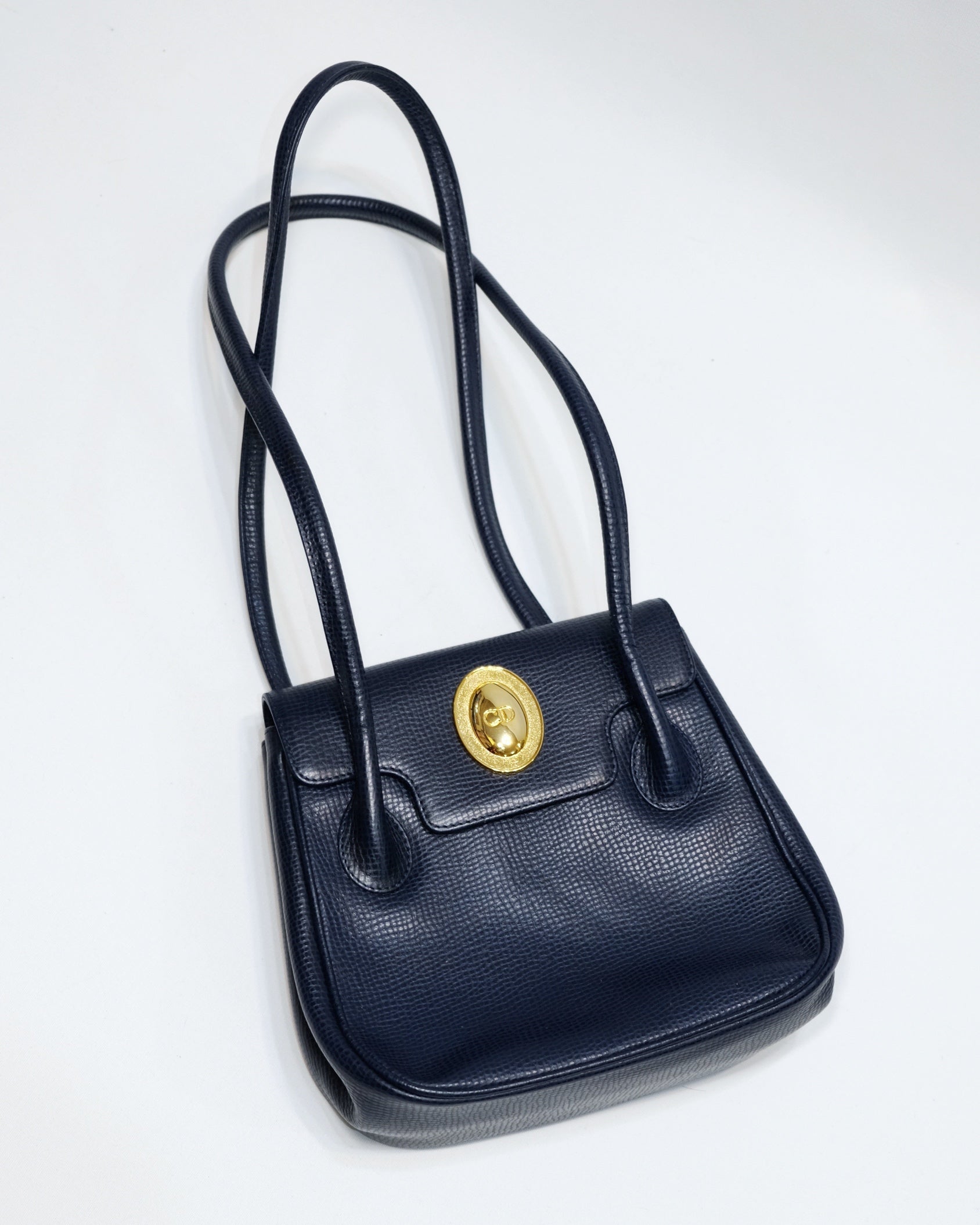 RARE Dior Navy Grained Leather Long Strap Shoulder Bag with Oval CD Emblem