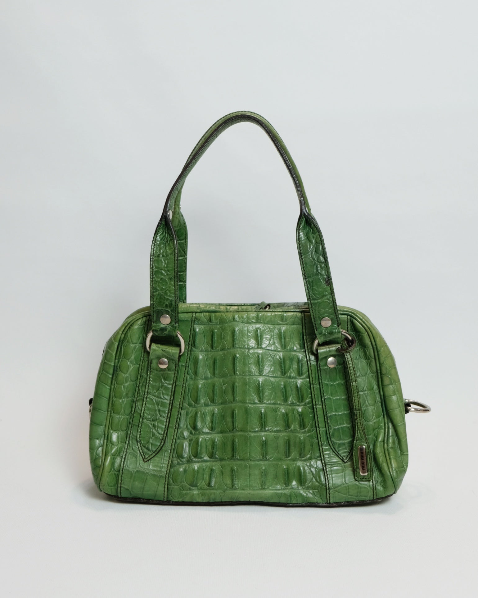 Miu Miu Green Leather Alligator Bowling Bag