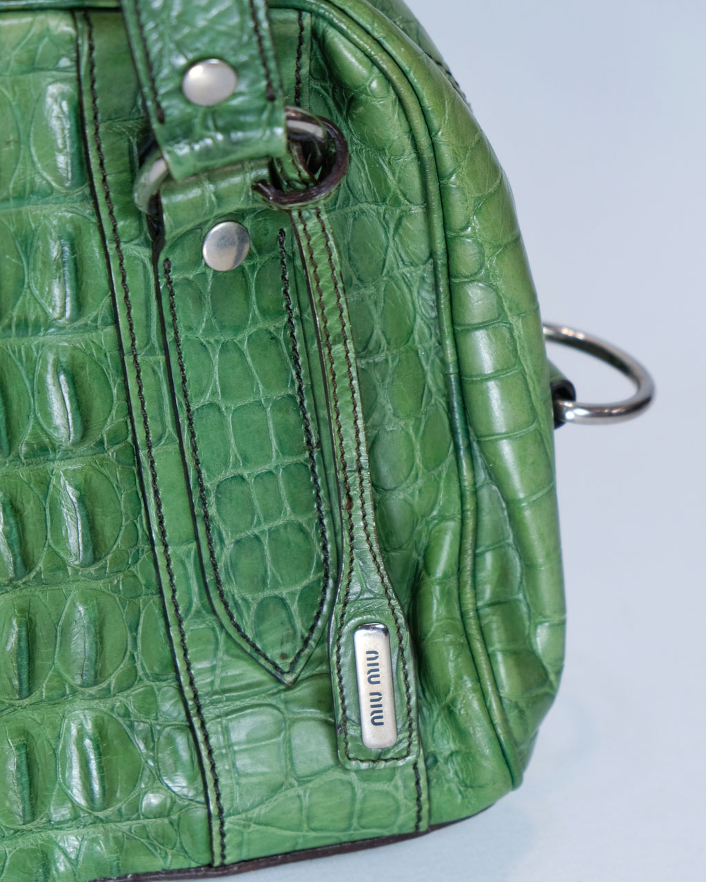 Miu Miu Green Leather Alligator Bowling Bag
