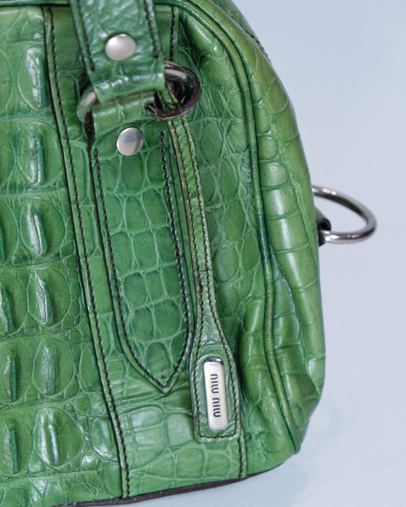 Miu Miu Green Leather Alligator Bowling Bag