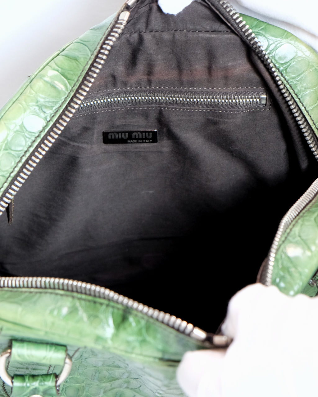 Miu Miu Green Leather Alligator Bowling Bag
