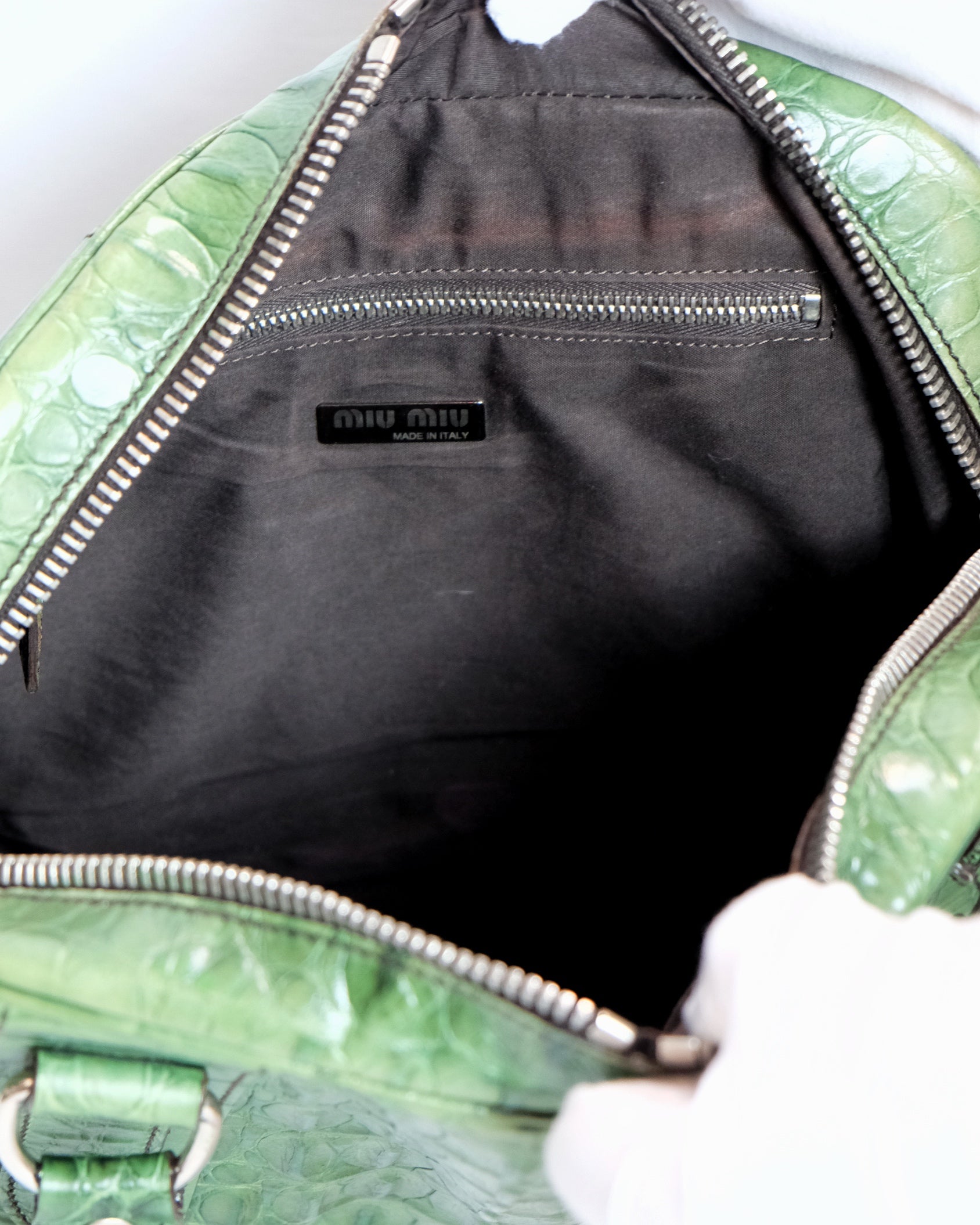 Miu Miu Green Leather Alligator Bowling Bag
