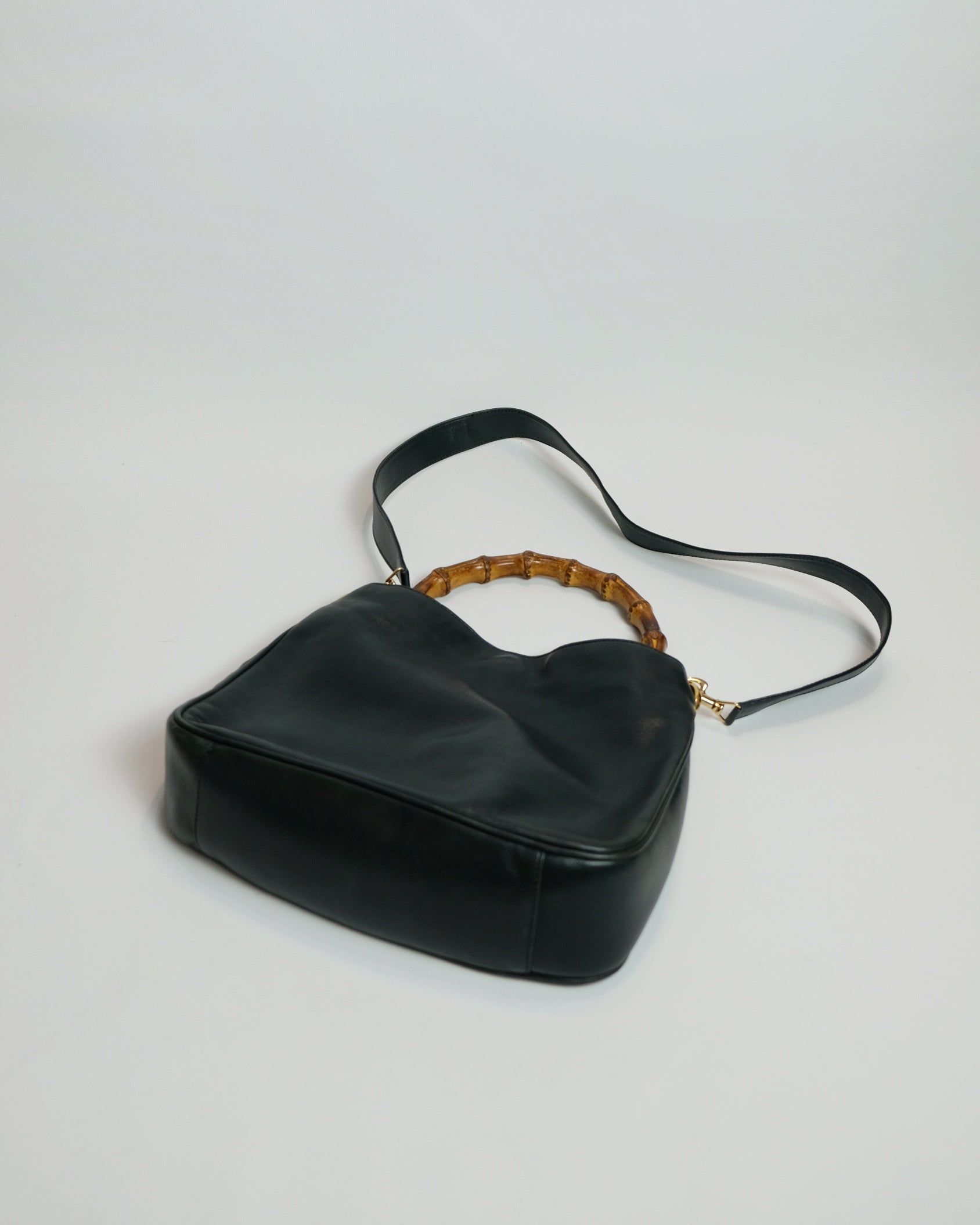 Gucci 2-way Black Leather Tote Bag with Bamboo Handle and Original Strap
