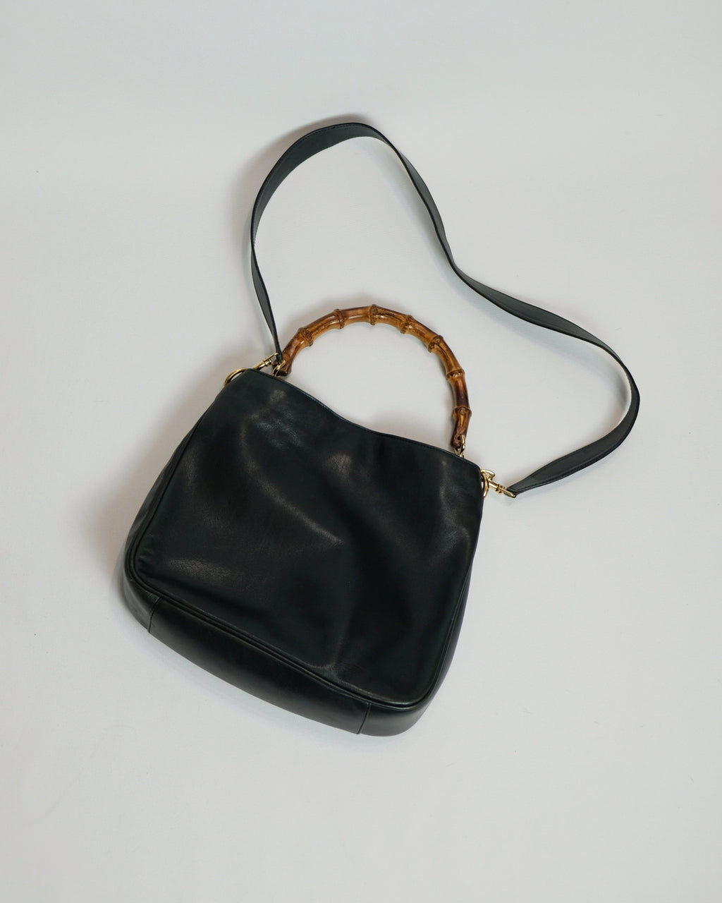 Gucci 2-way Black Leather Tote Bag with Bamboo Handle and Original Strap