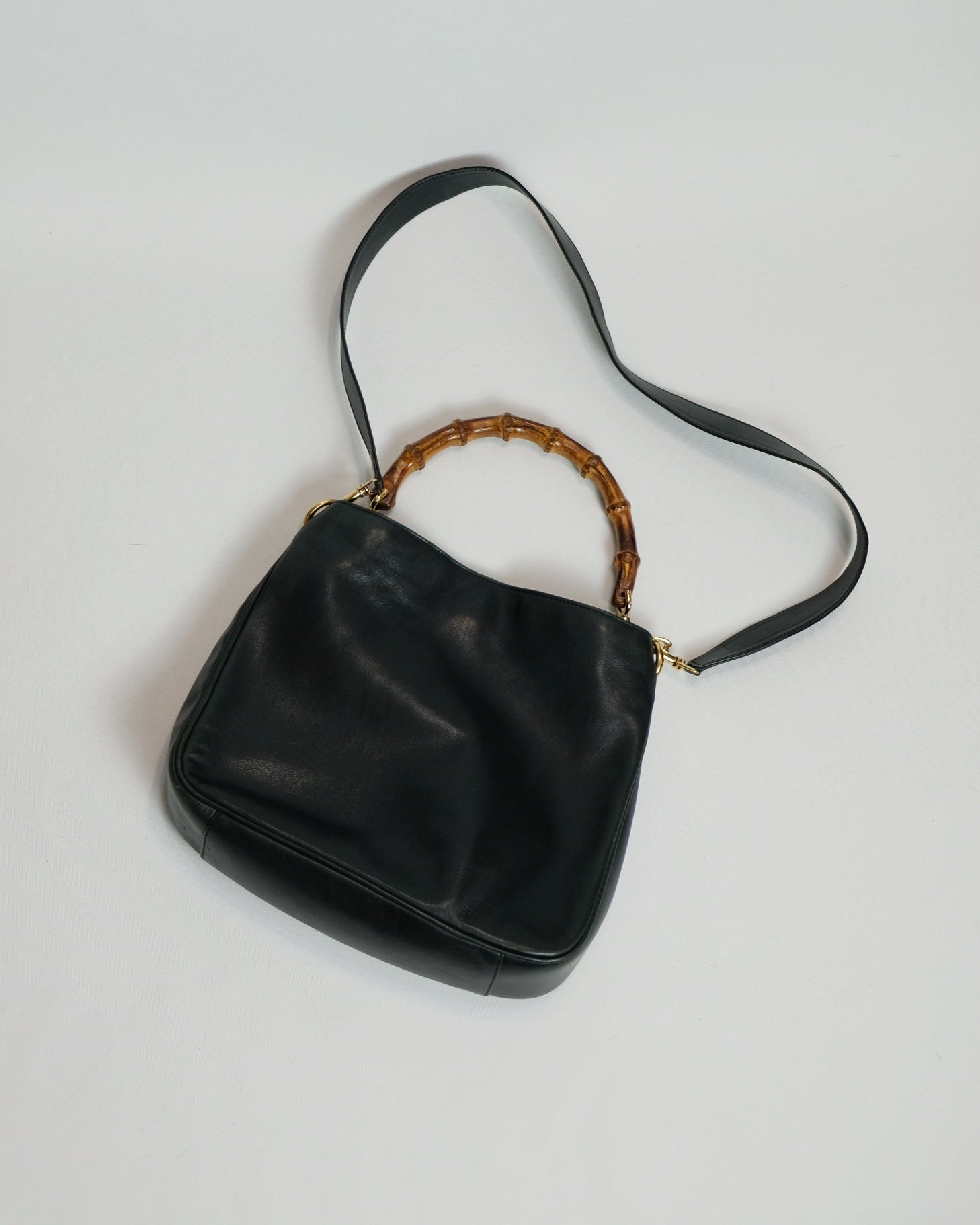 Gucci 2-way Black Leather Tote Bag with Bamboo Handle and Original Strap