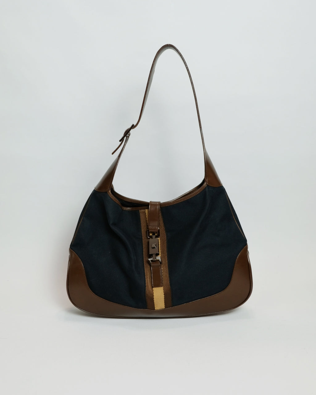 Gucci Large Jackie Bag in Blue Canvas and Brown Leather