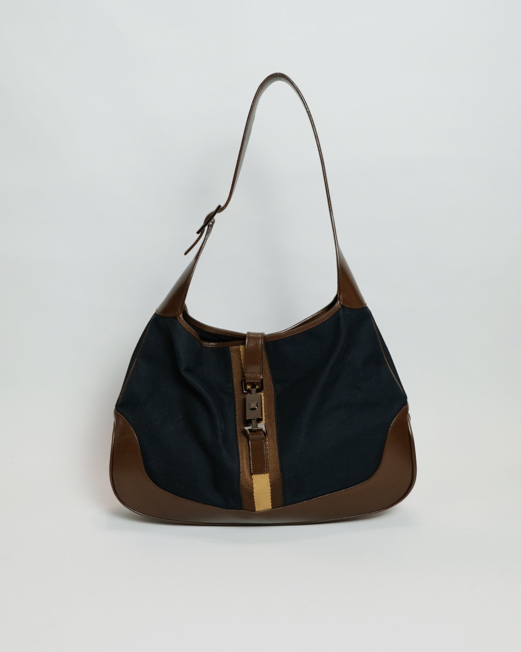 Gucci Large Jackie Bag in Blue Canvas and Brown Leather