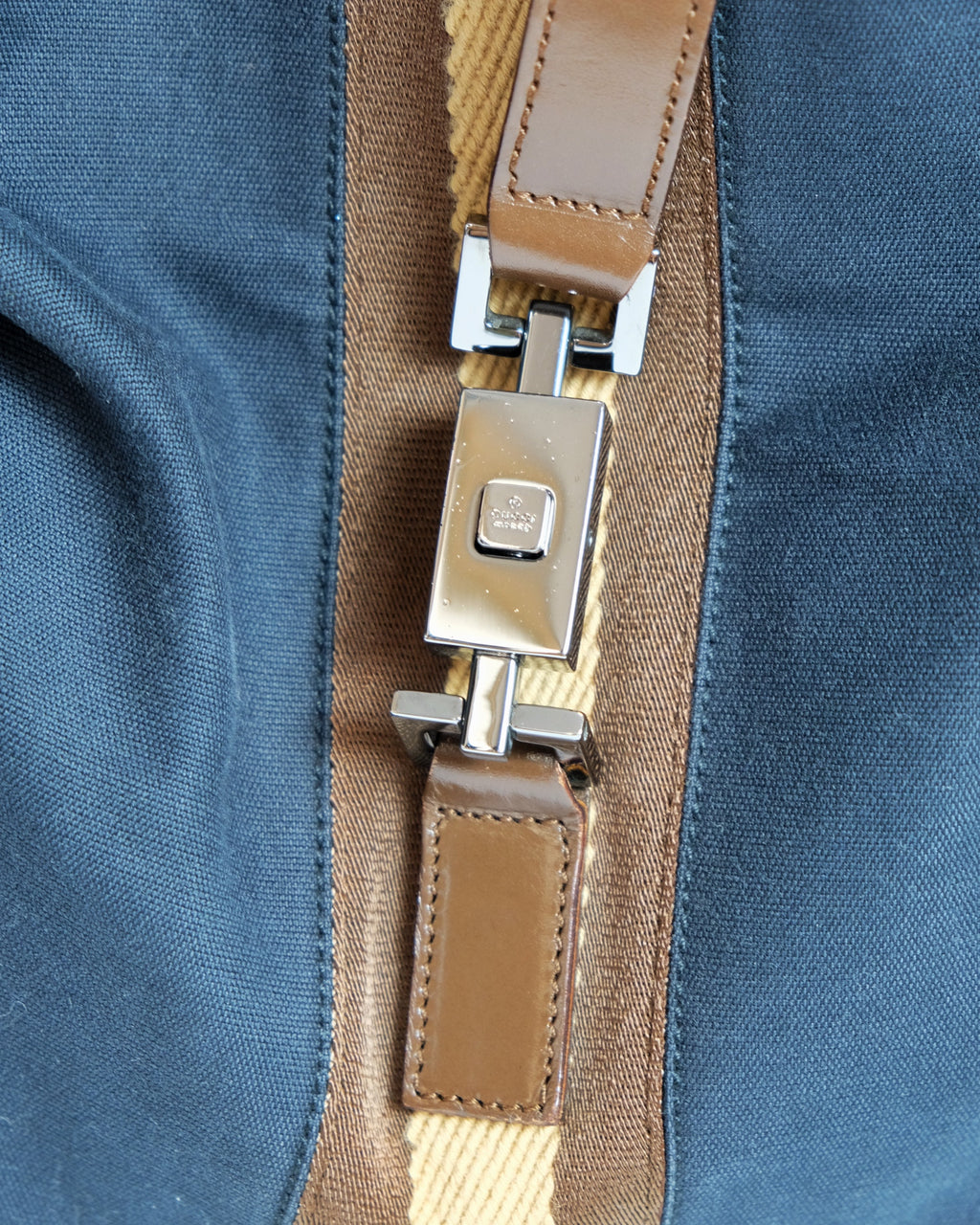 Gucci Large Jackie Bag in Blue Canvas and Brown Leather