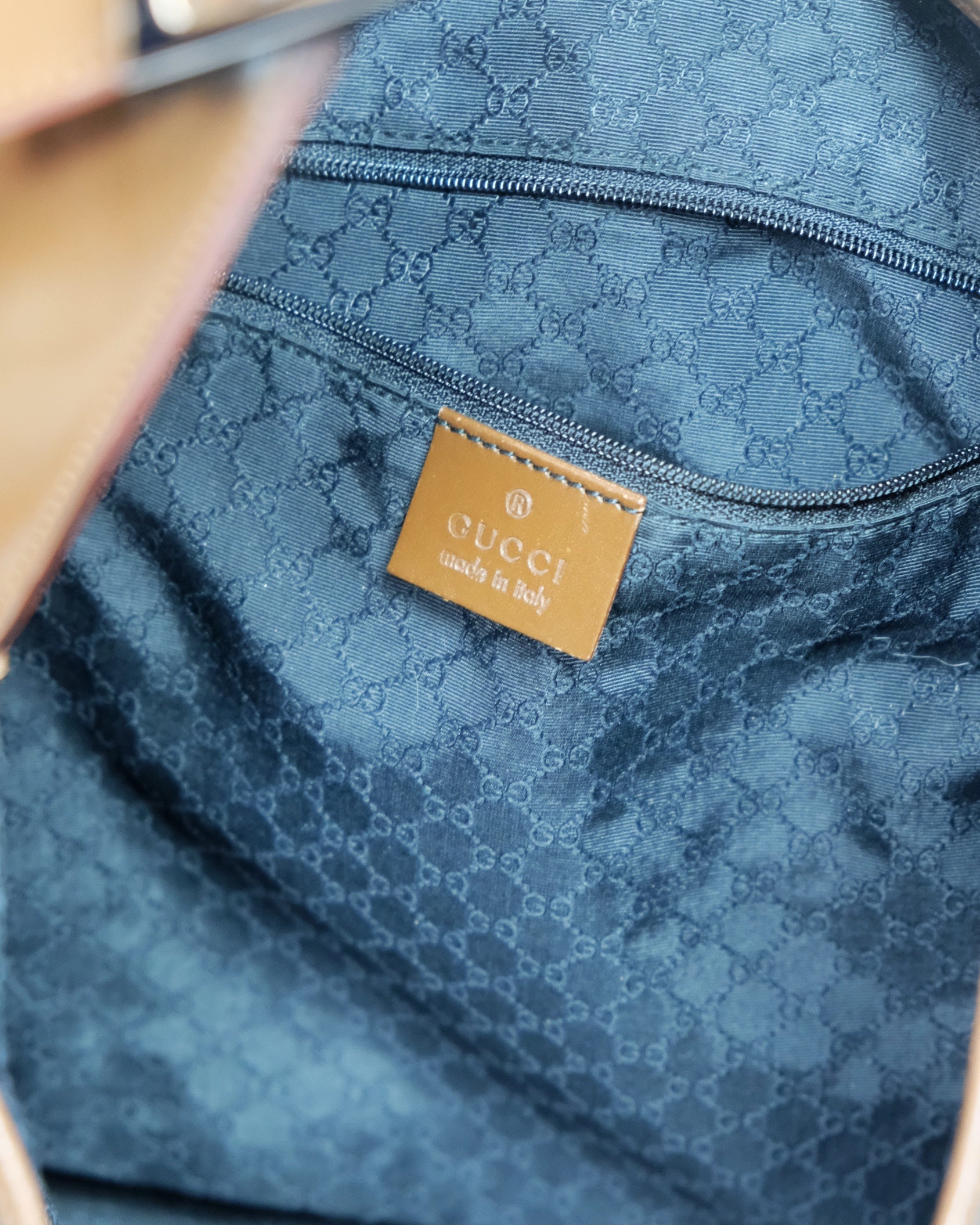 Gucci Large Jackie Bag in Blue Canvas and Brown Leather